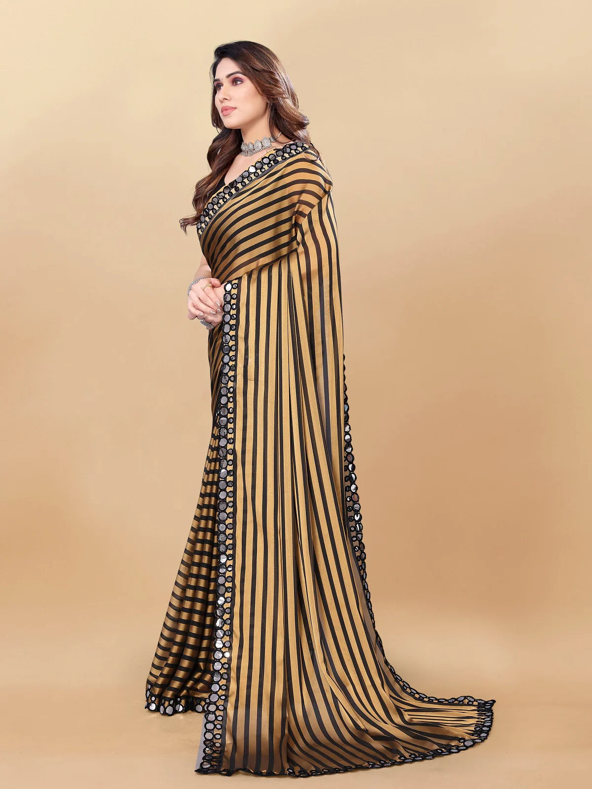 Buy Striped Georgette Embellished Saree With Blouse Piece-Gold