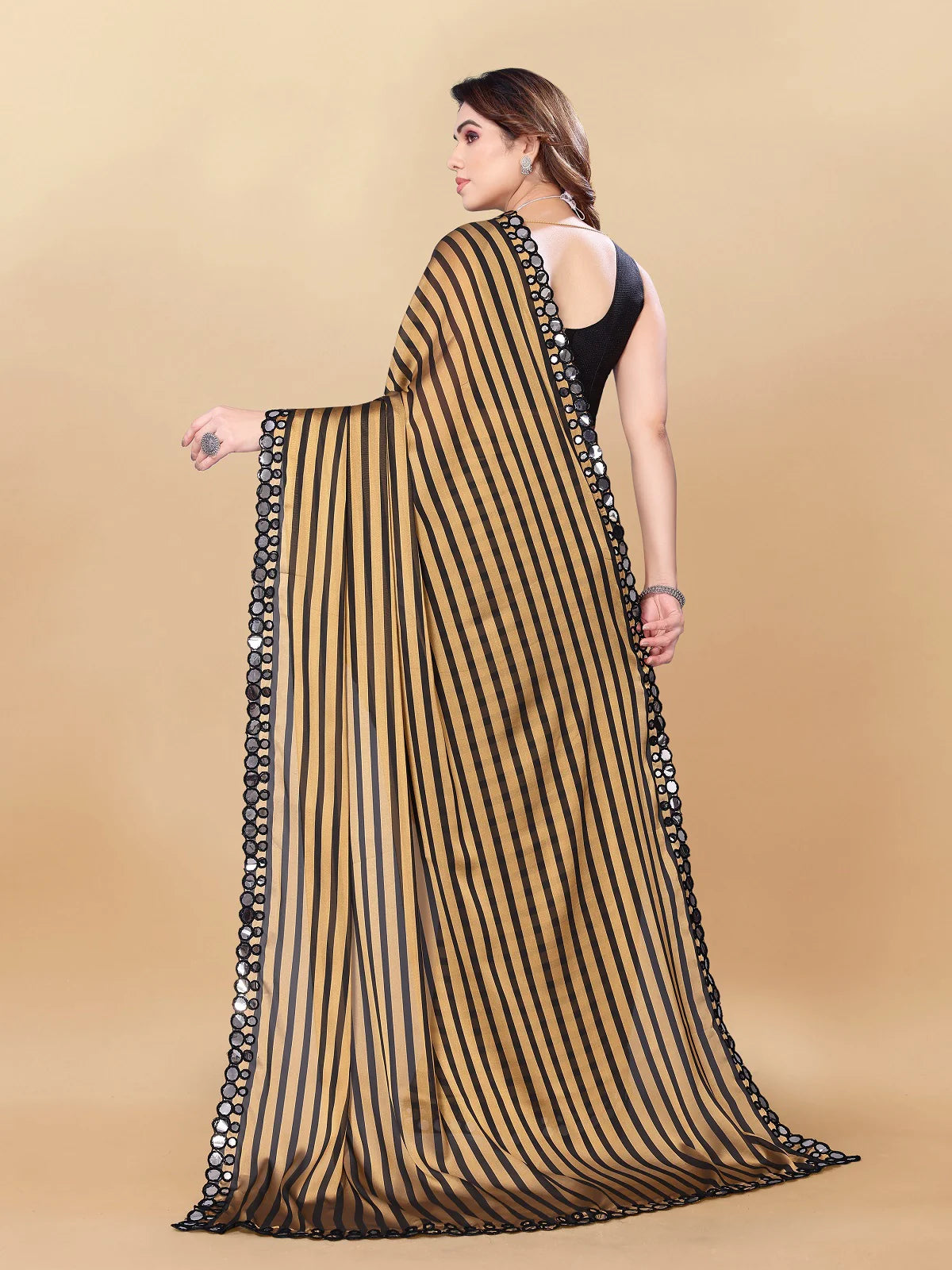 Buy Striped Georgette Embellished Saree With Blouse Piece-Gold