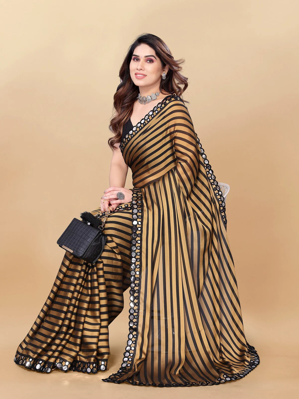 Buy Striped Georgette Embellished Saree With Blouse Piece-Gold