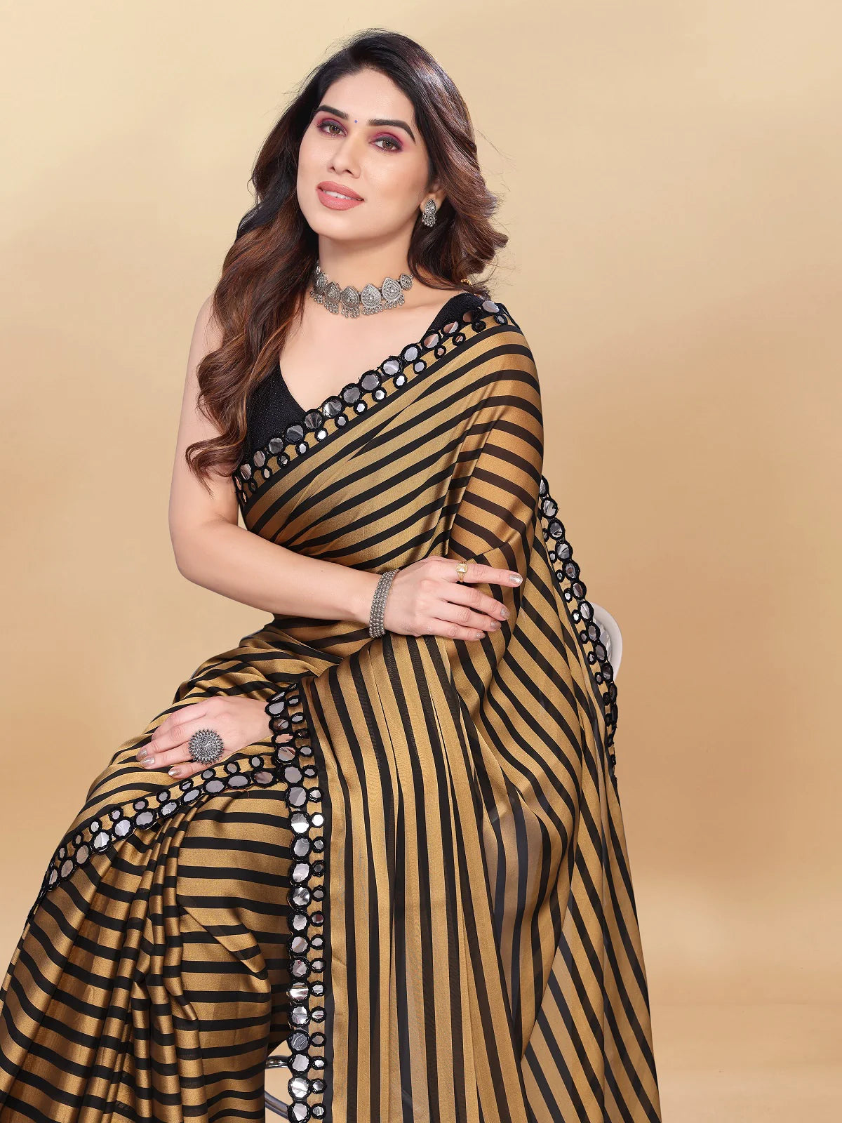 Buy Striped Georgette Embellished Saree With Blouse Piece-Gold