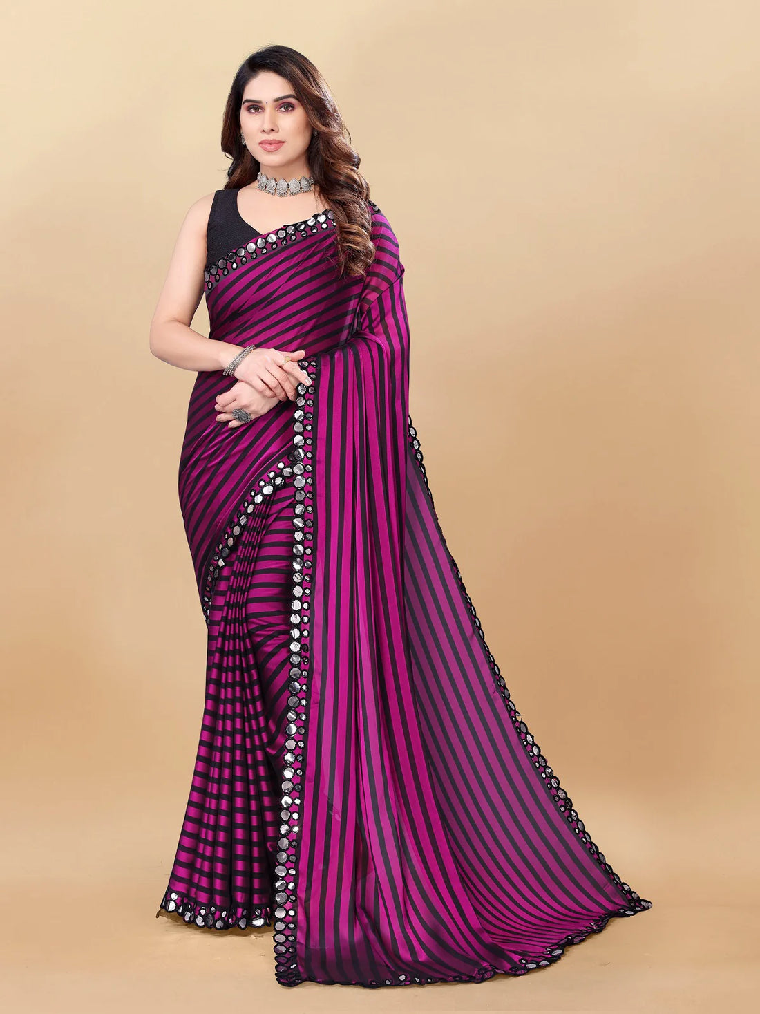 Buy Striped Georgette Embellished Saree With Blouse Piece-Magenta