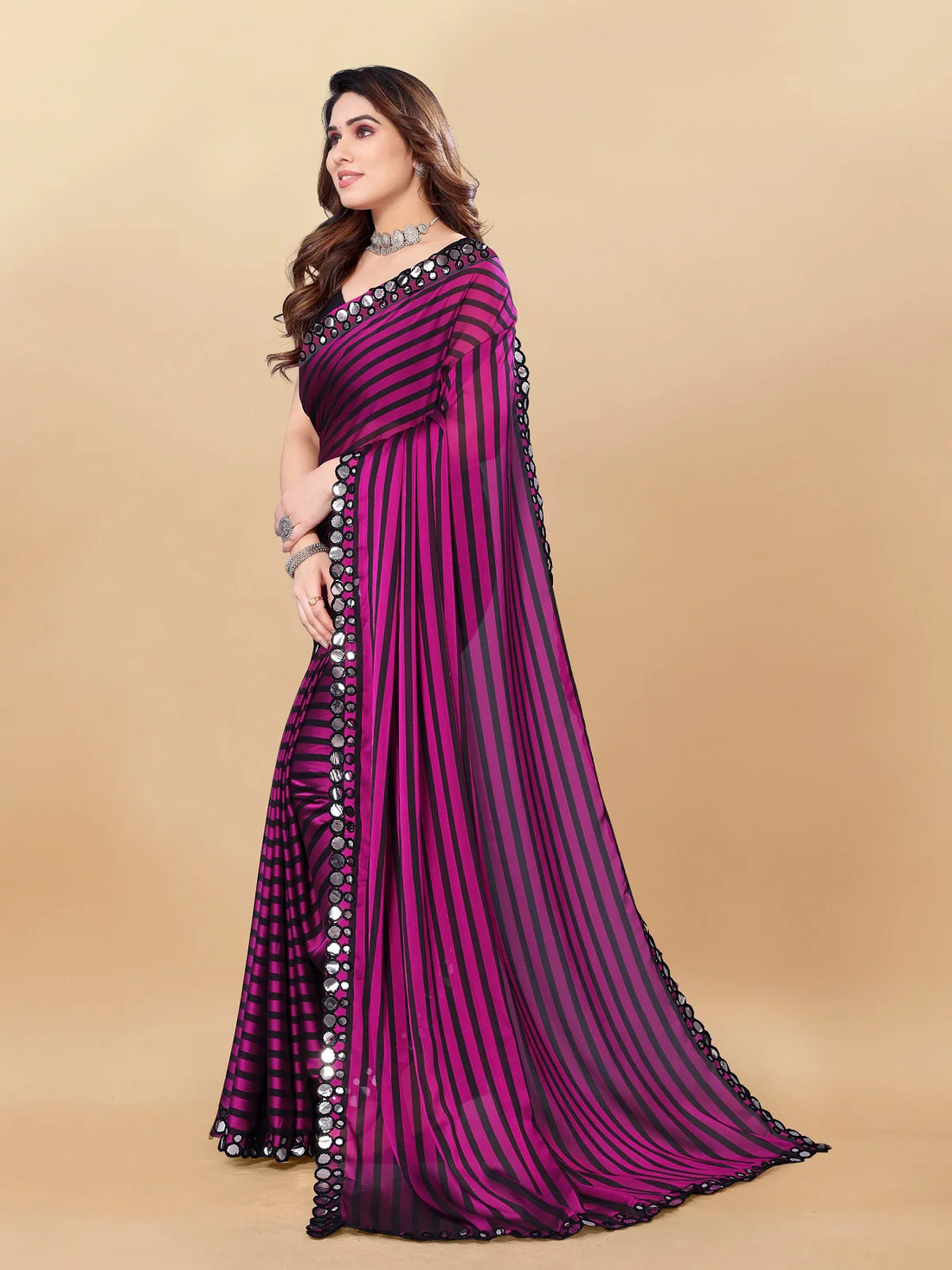 Buy Striped Georgette Embellished Saree With Blouse Piece-Magenta