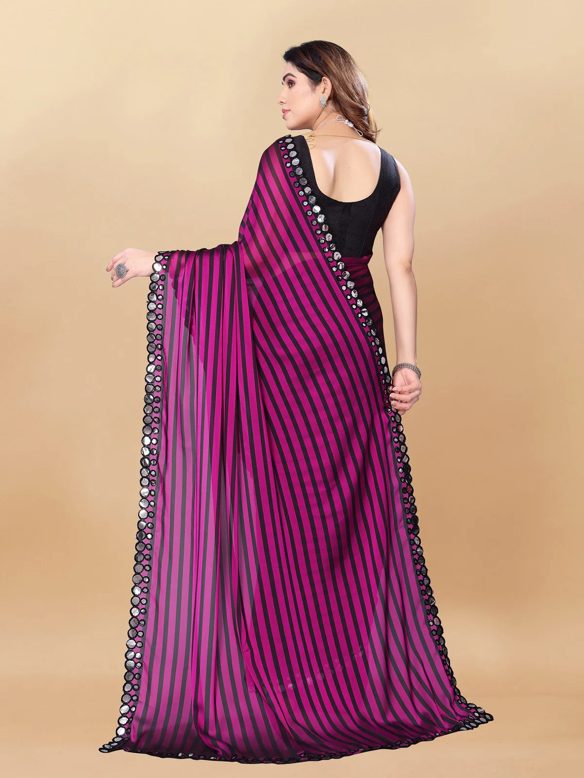 Buy Striped Georgette Embellished Saree With Blouse Piece-Magenta