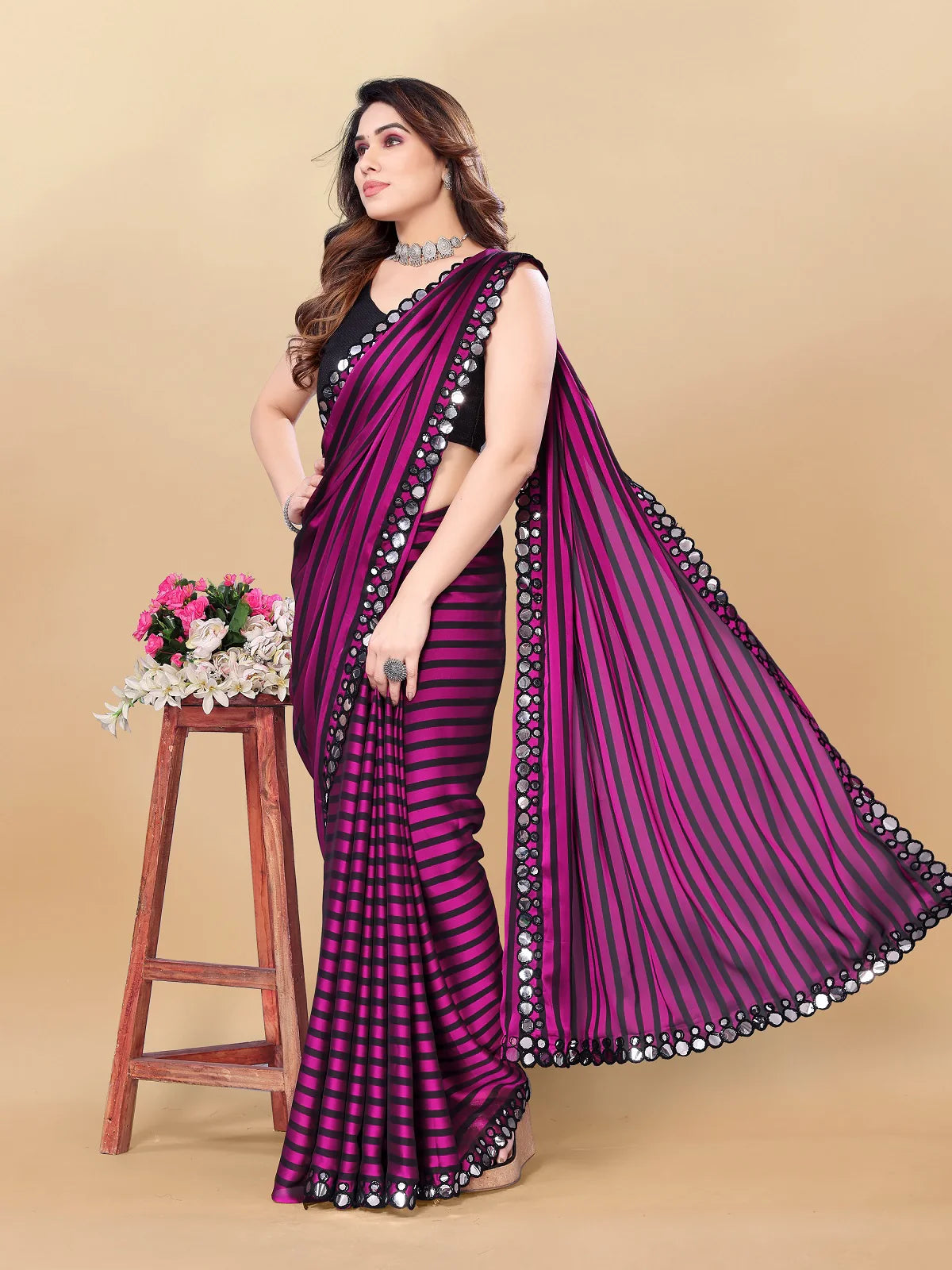 Buy Striped Georgette Embellished Saree With Blouse Piece-Magenta