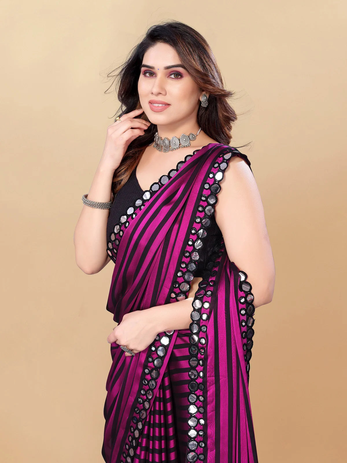 Buy Striped Georgette Embellished Saree With Blouse Piece-Magenta