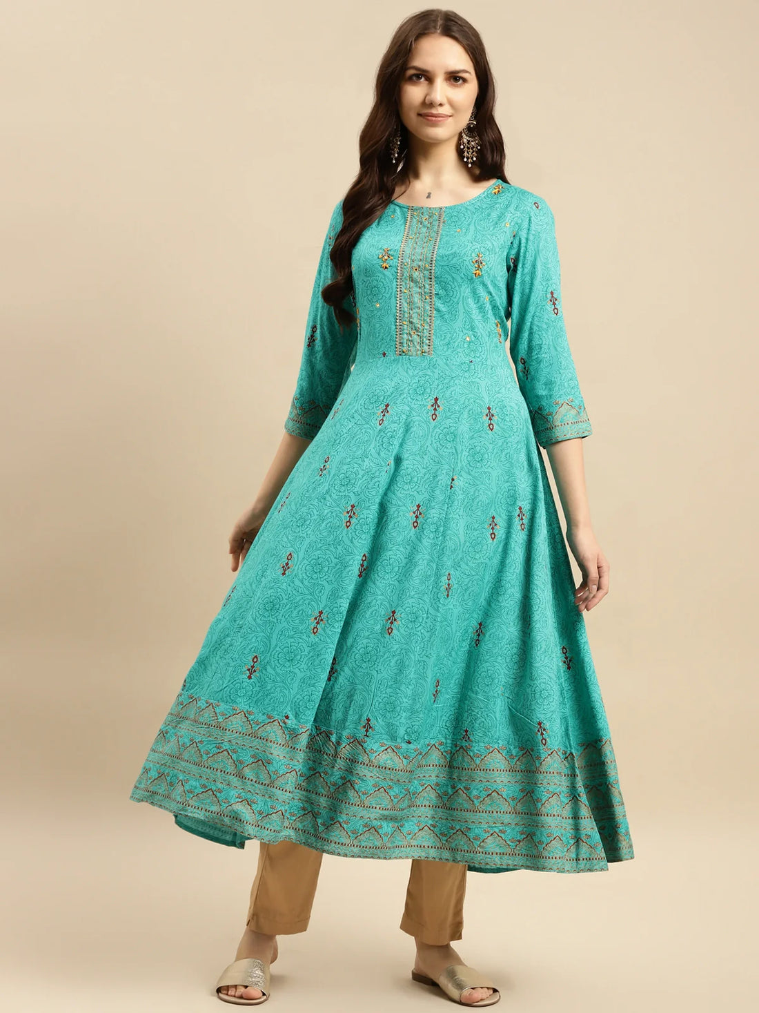 Buy Rayon All Over Yoke Embroidered Calf Length Anarkali Kurta With Contrast Border At Hem-Sea Green