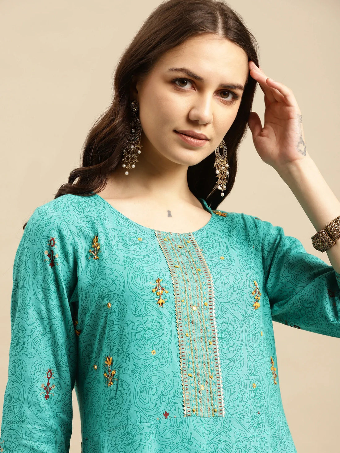 Buy Rayon All Over Yoke Embroidered Calf Length Anarkali Kurta With Contrast Border At Hem-Sea Green