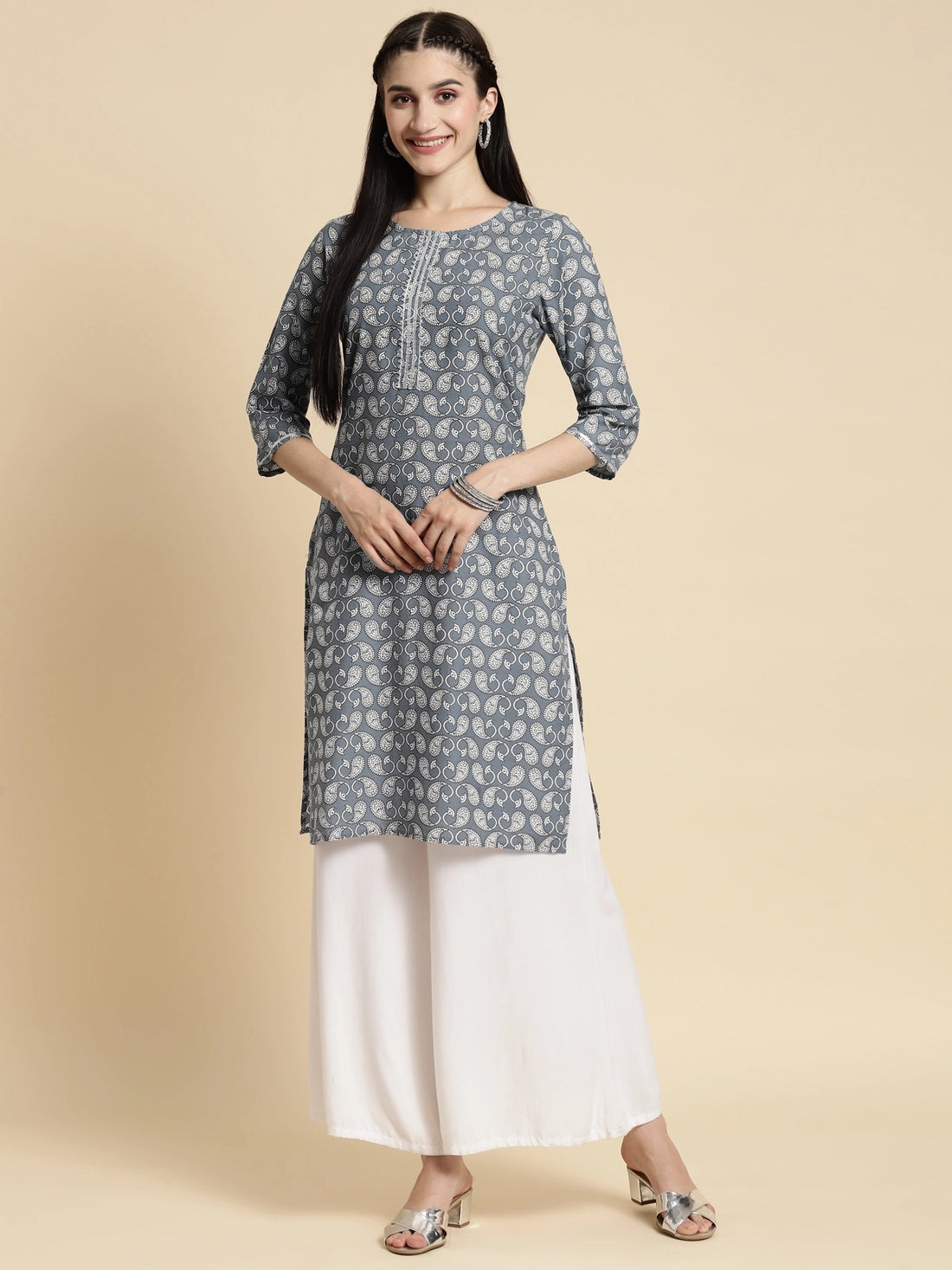 Buy 100% Cotton Bagru Printed Gota Lace At Placket Knee Length Straight Kurta-Dark Grey