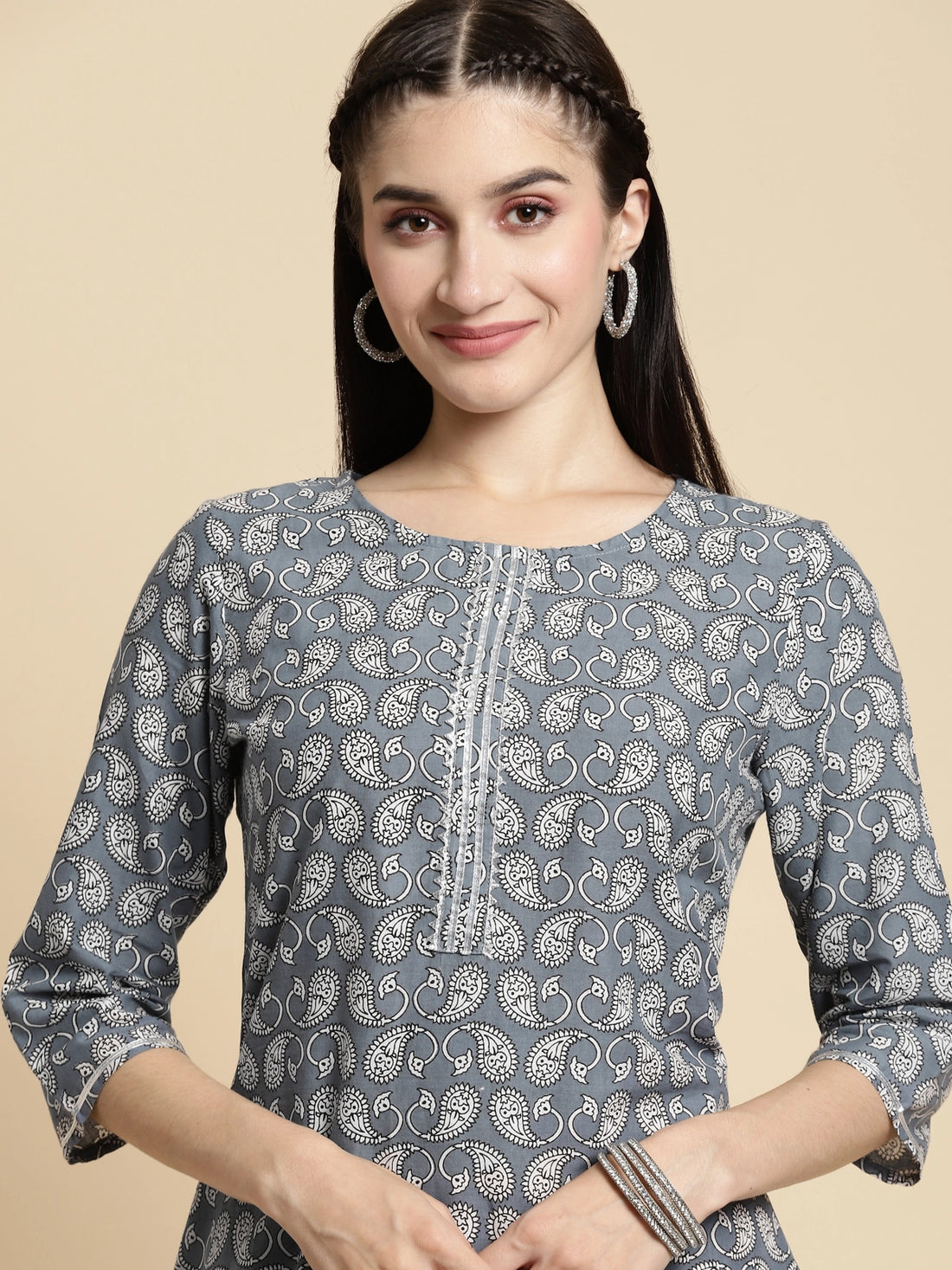 Buy 100% Cotton Bagru Printed Gota Lace At Placket Knee Length Straight Kurta-Dark Grey