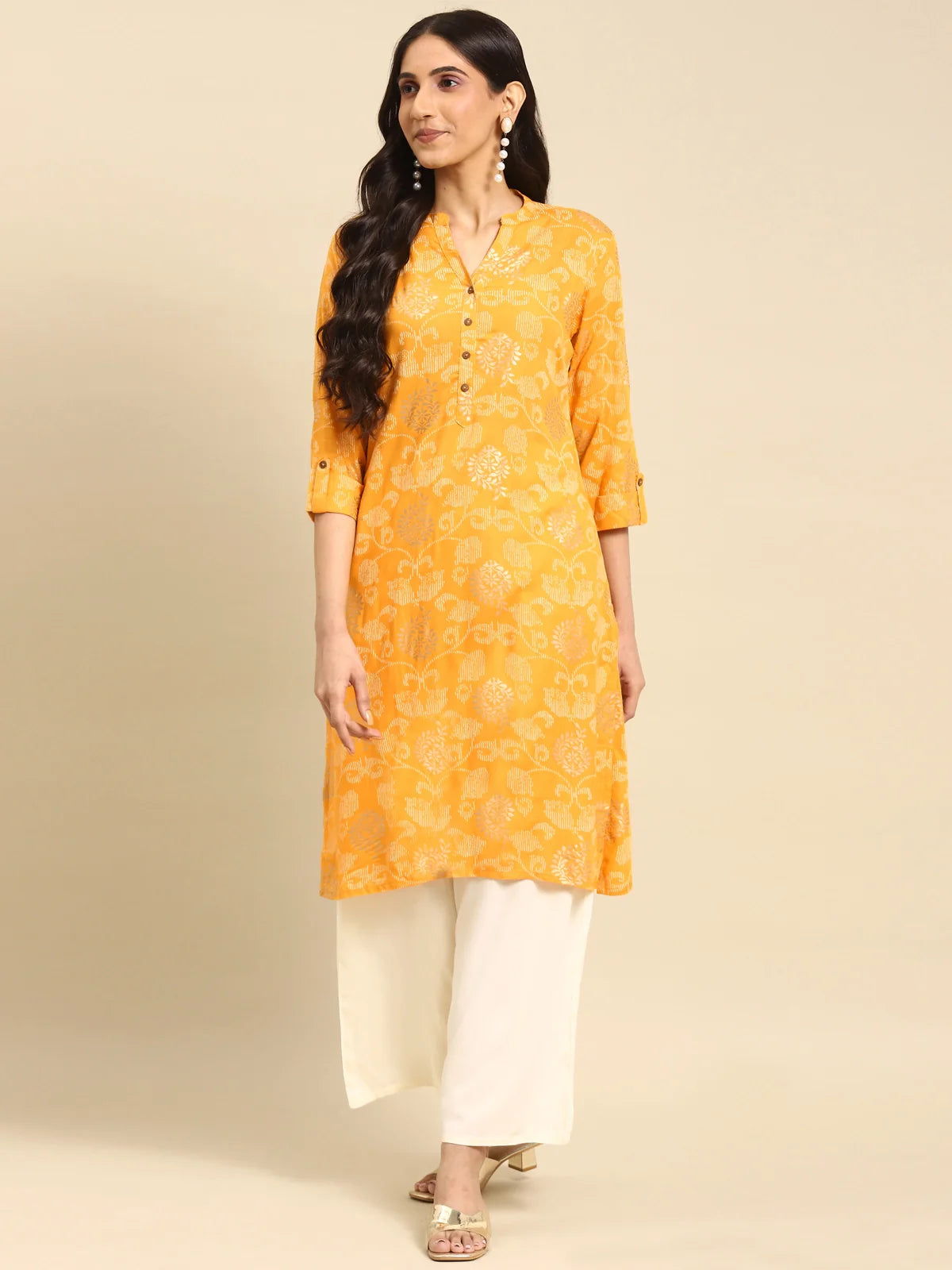 Buy Rayon Gold Printed Calf Length Straight Kurta-Yellow