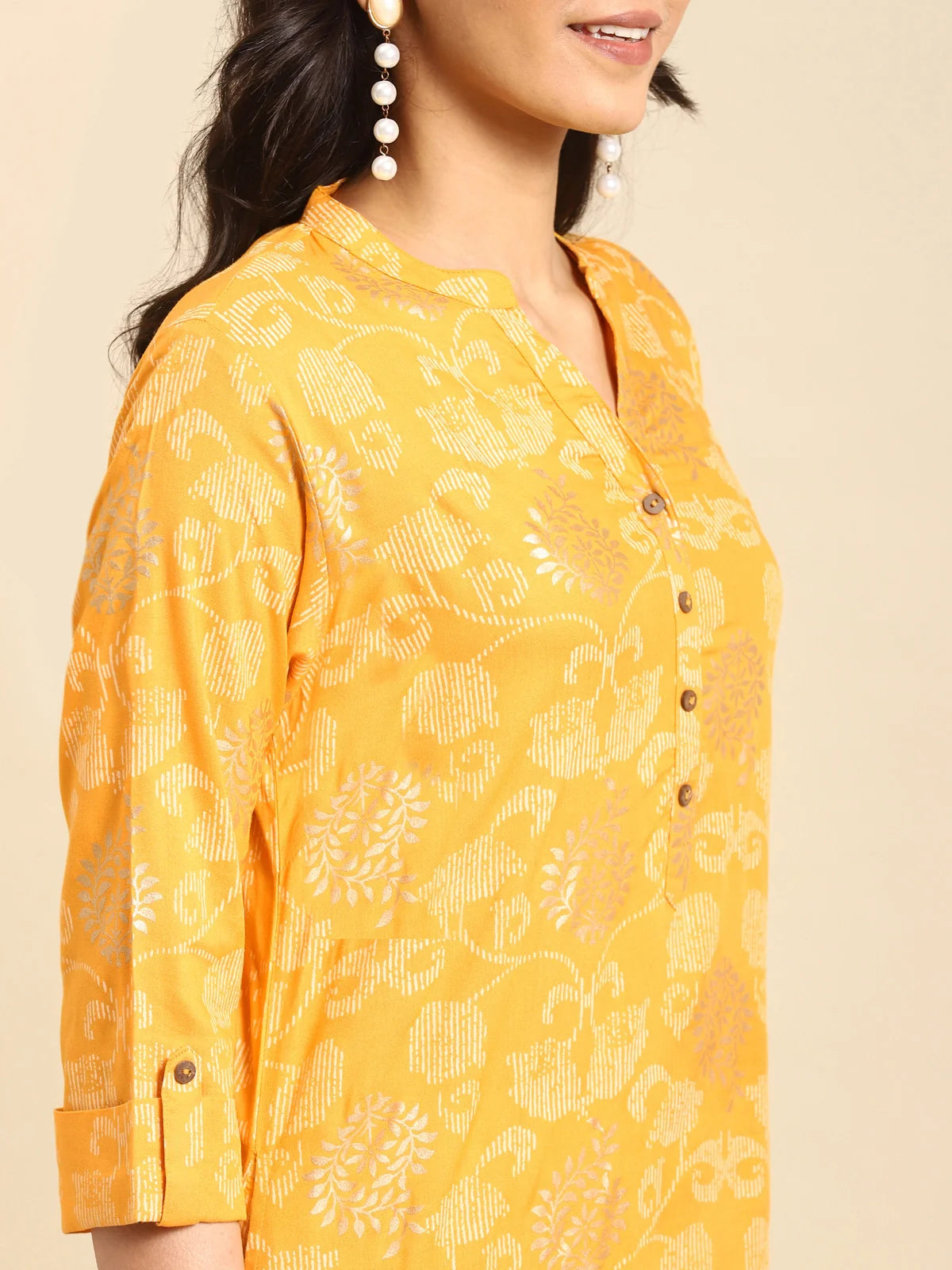 Buy Rayon Gold Printed Calf Length Straight Kurta-Yellow