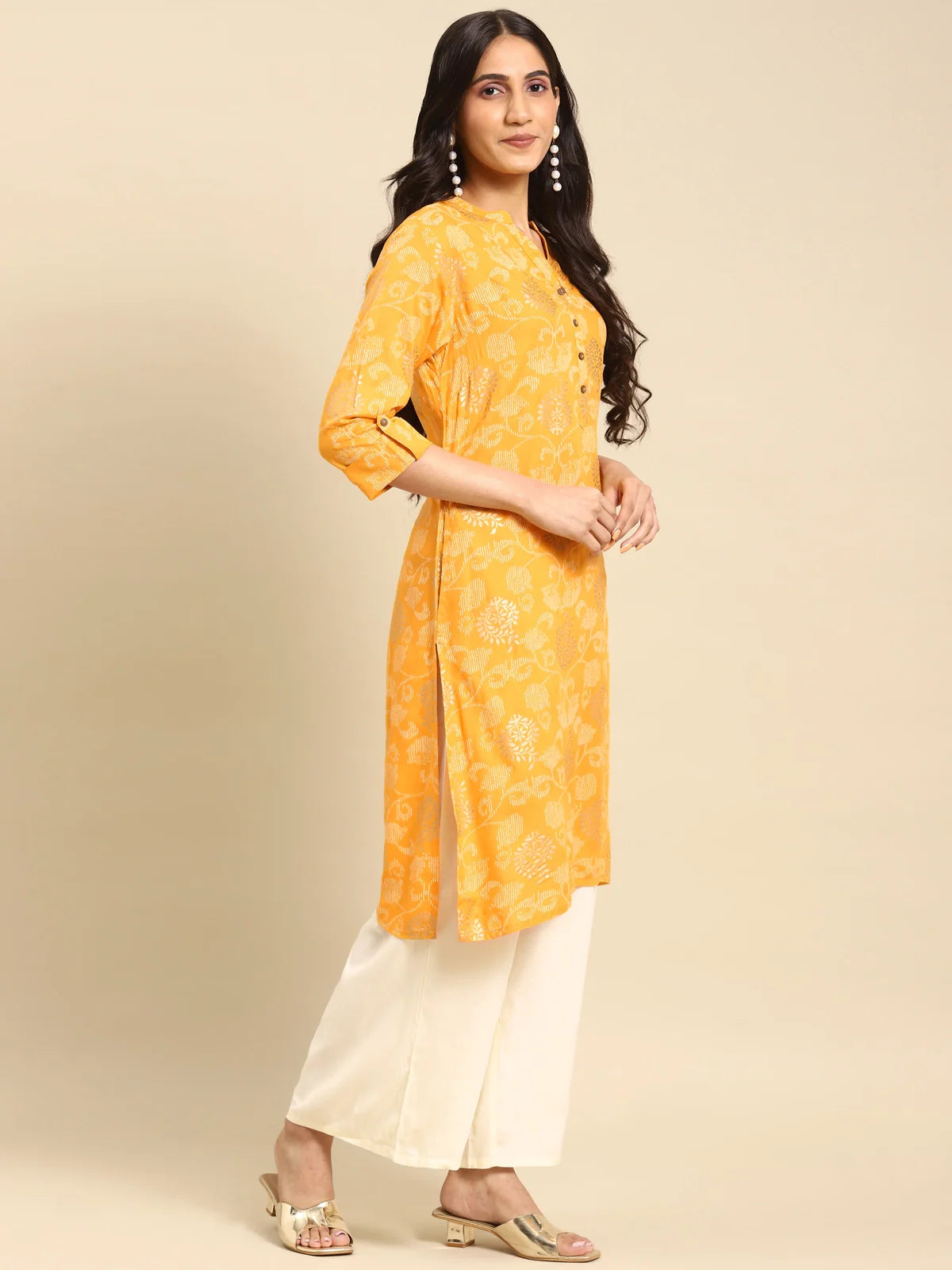 Buy Rayon Gold Printed Calf Length Straight Kurta-Yellow