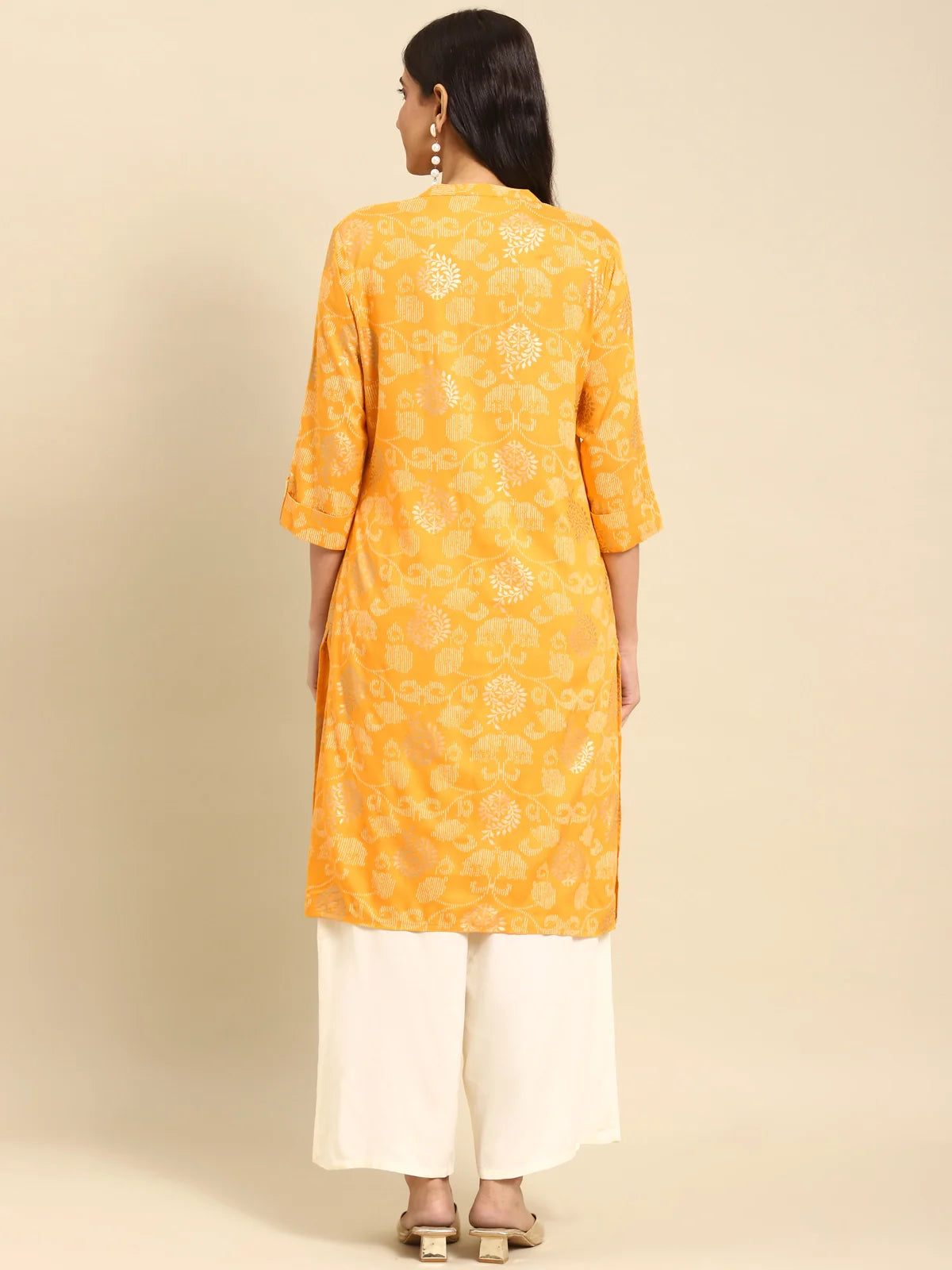 Buy Rayon Gold Printed Calf Length Straight Kurta-Yellow