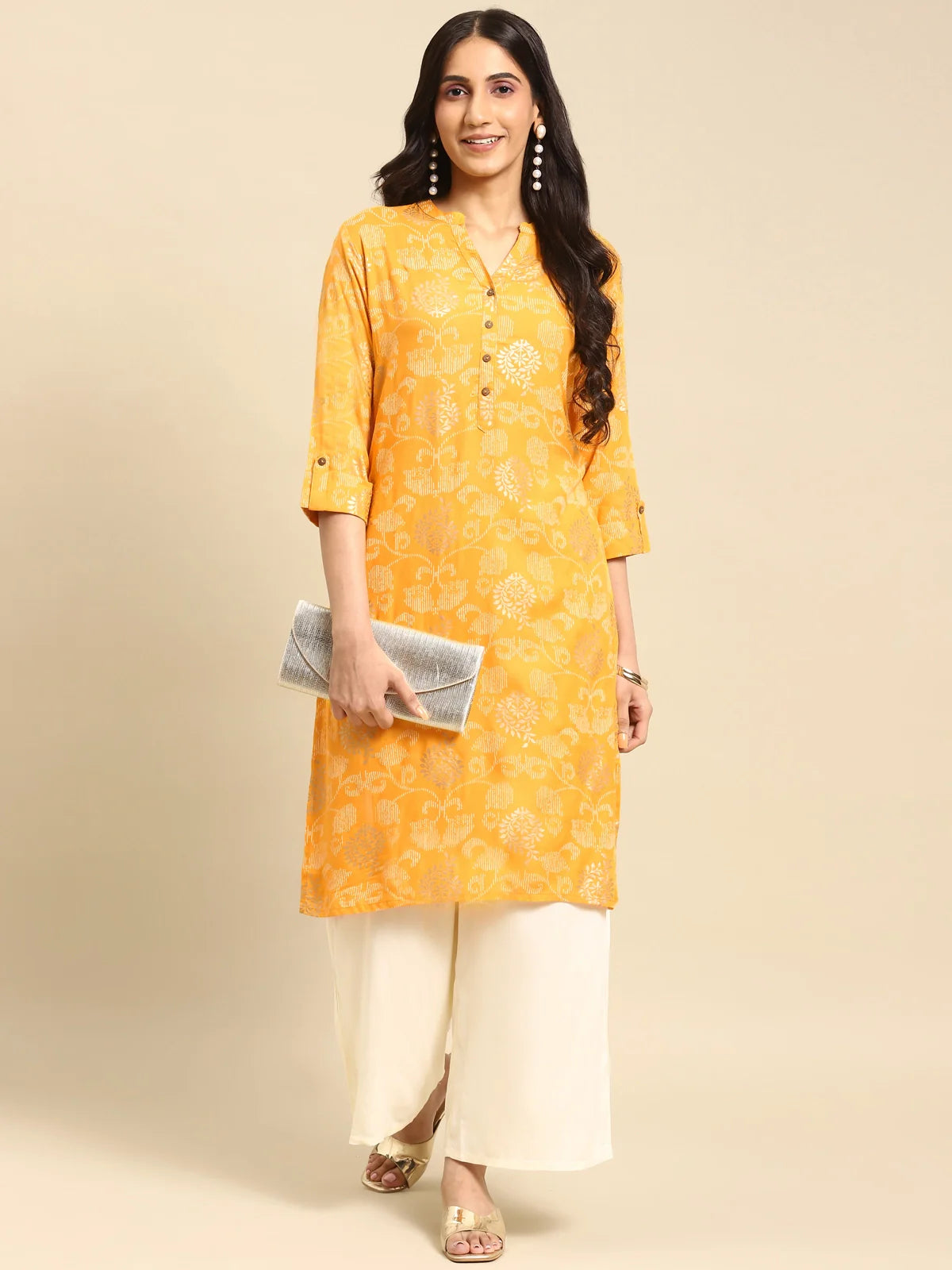 Buy Rayon Gold Printed Calf Length Straight Kurta-Yellow