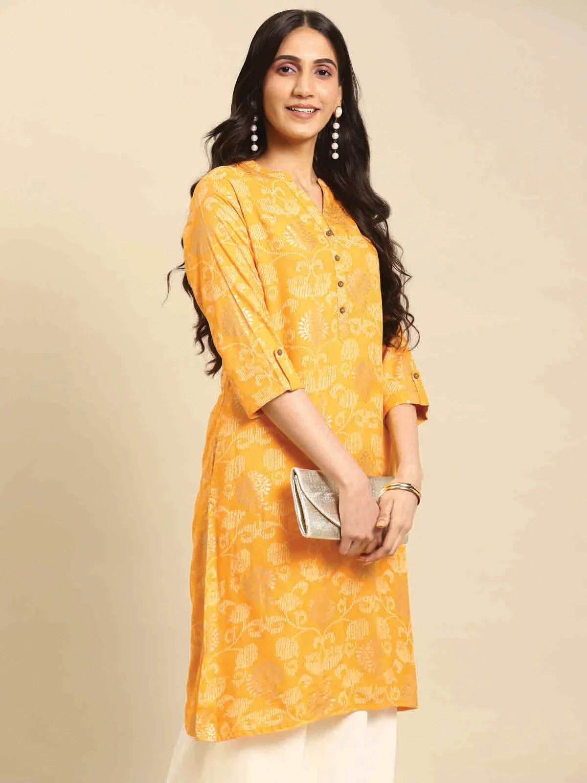 Buy Rayon Gold Printed Calf Length Straight Kurta-Yellow