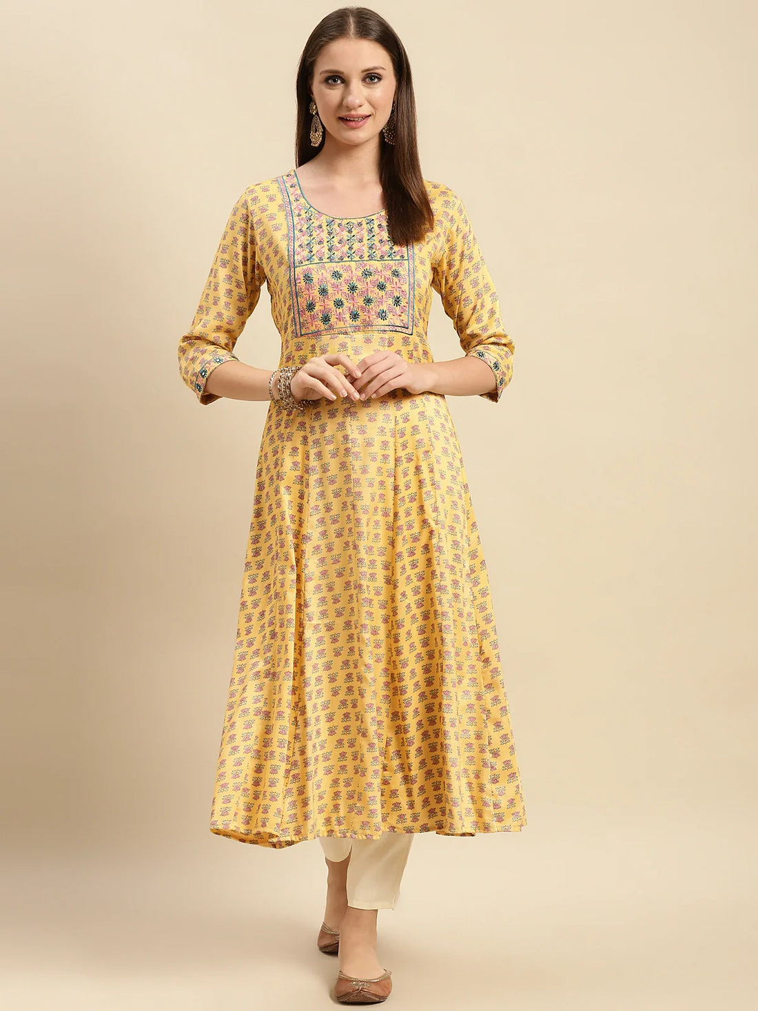 Buy Viscose Blend Yoke Embroidered Calf Length Floral Printed Flared Kurta-Yellow