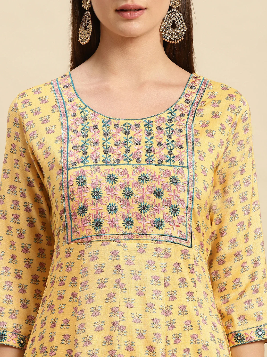 Buy Viscose Blend Yoke Embroidered Calf Length Floral Printed Flared Kurta-Yellow