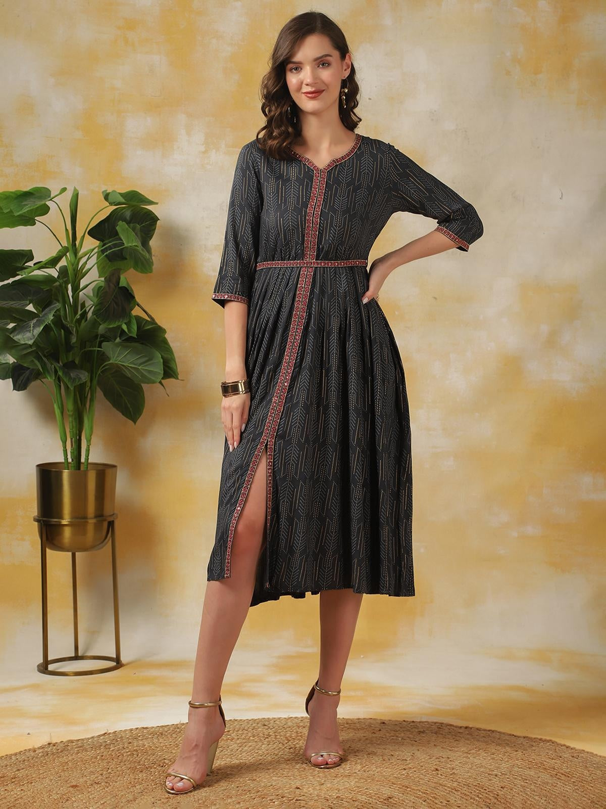 Buy Rayon Printed Gown Calf Length Ethnic Dress With Belt-Grey