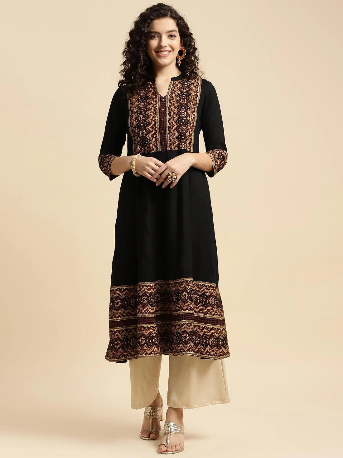 Buy Rayon Ethnic Printed Calf Length Flared Kurta-Black
