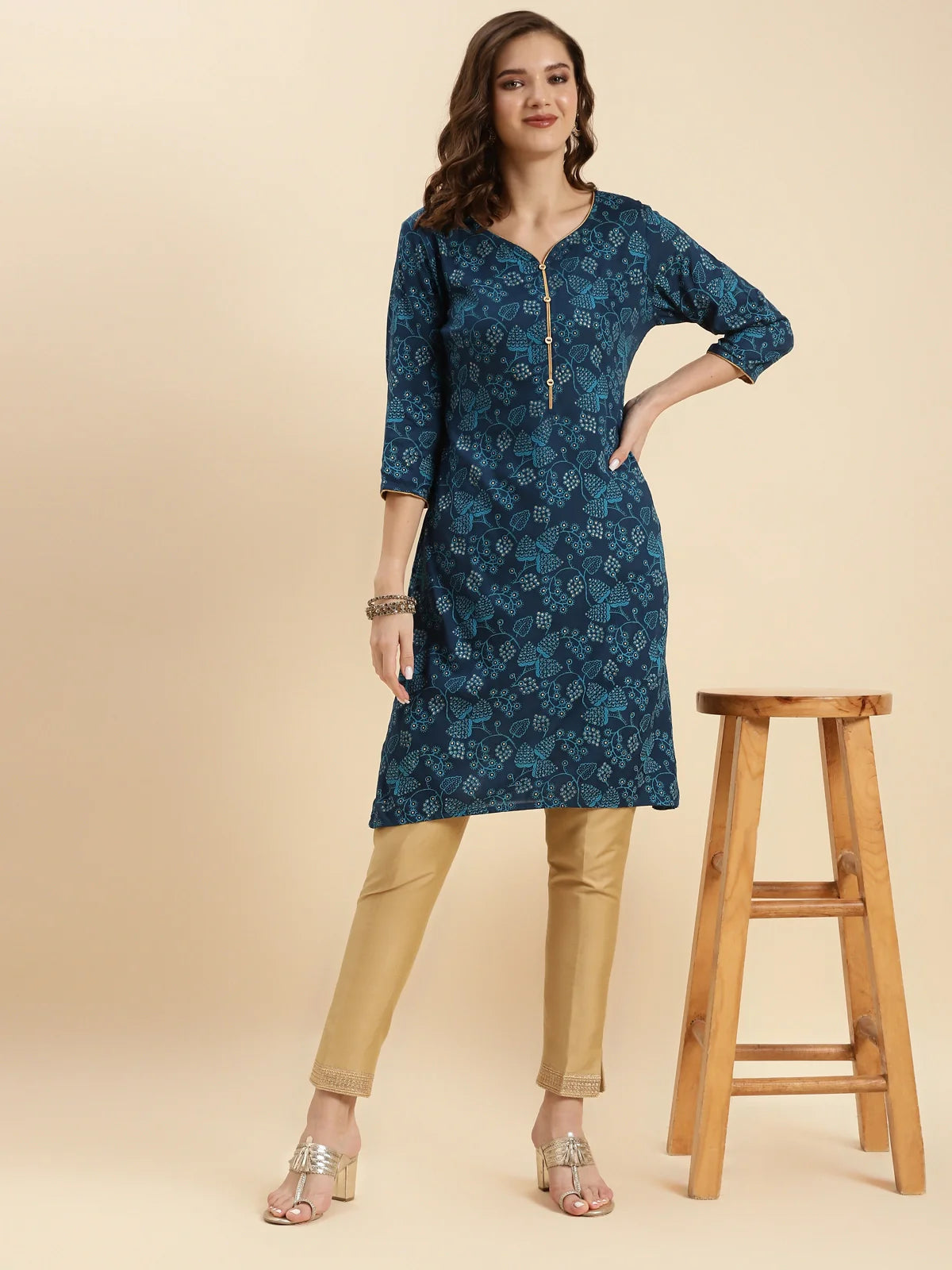 Buy Rayon Printed Knee Length Straight Kurta-Blue