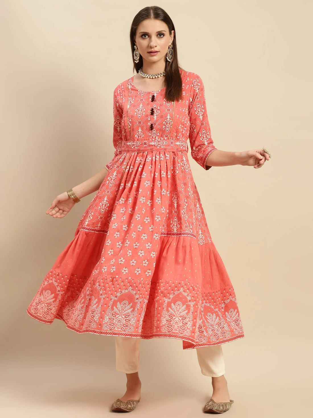 Buy 100% Cotton Yoke Embroidered Self Textured Calf Length Anarkali-Coral