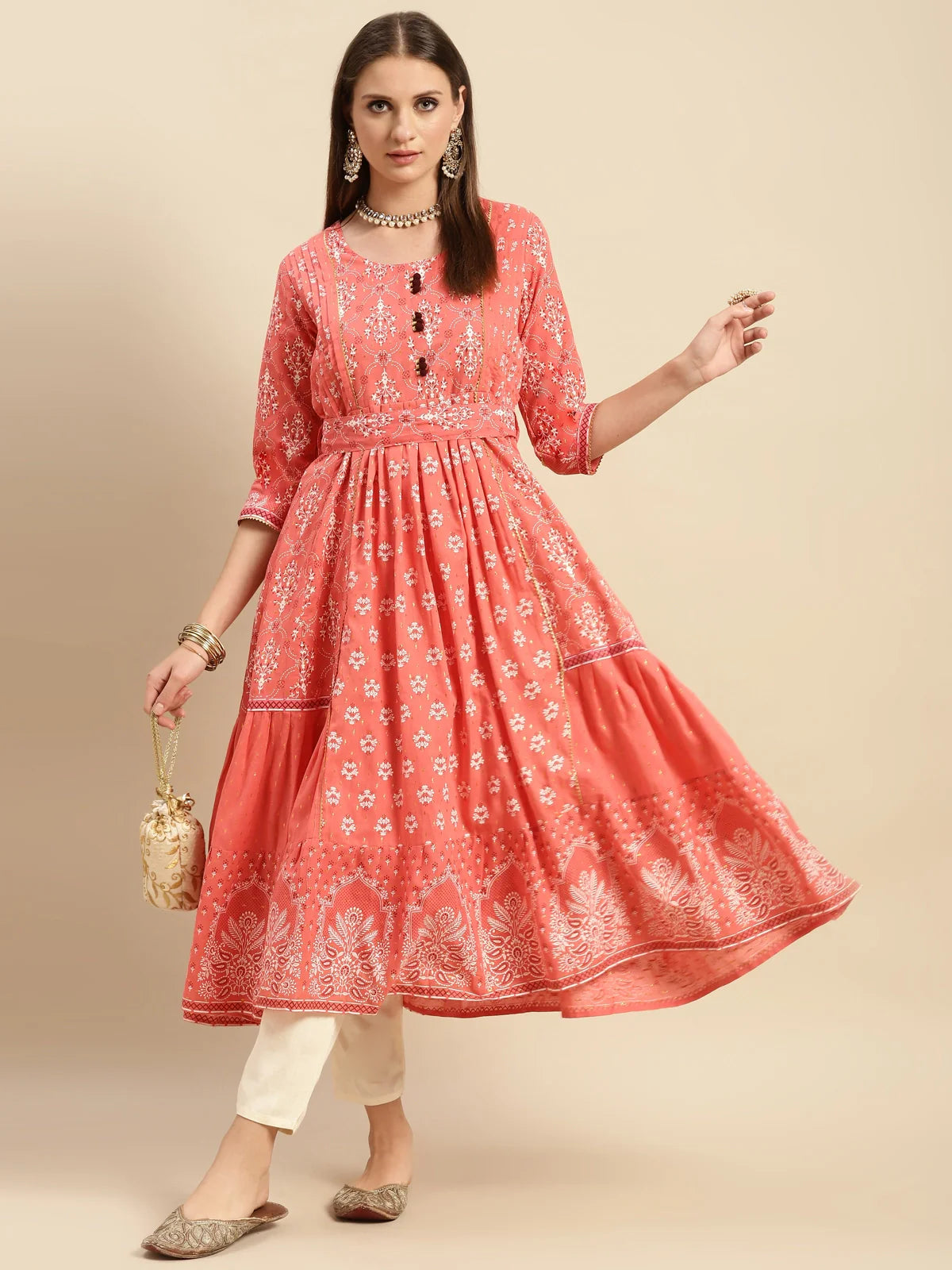 Buy 100% Cotton Yoke Embroidered Self Textured Calf Length Anarkali-Coral