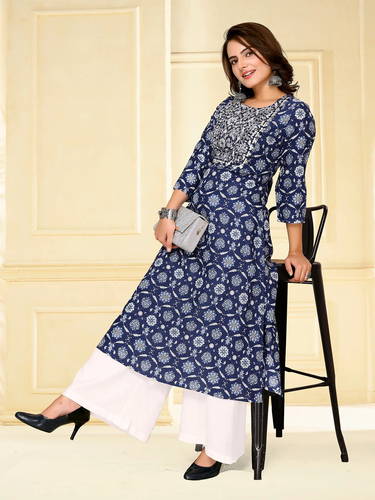 Buy Rayon Embroidered Calf Length A-line Kurta-Blue