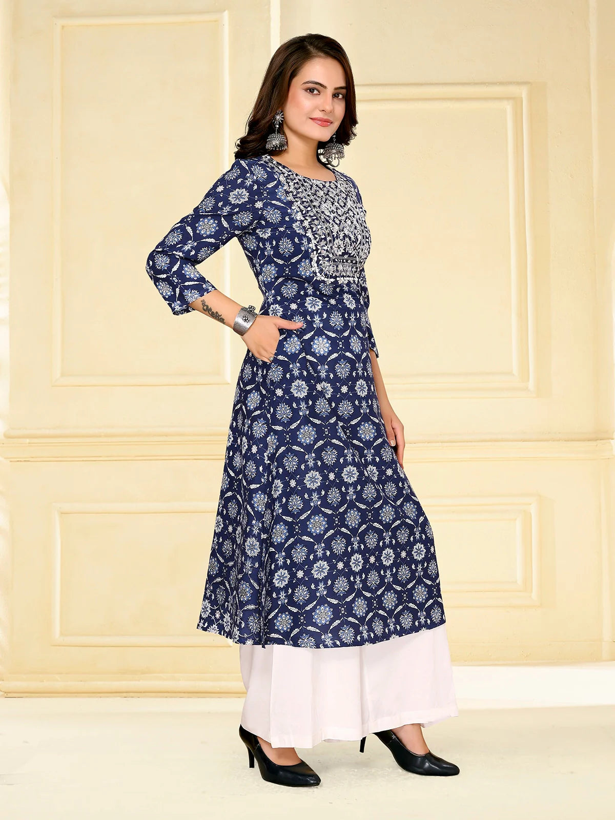 Buy Rayon Embroidered Calf Length A-line Kurta-Blue