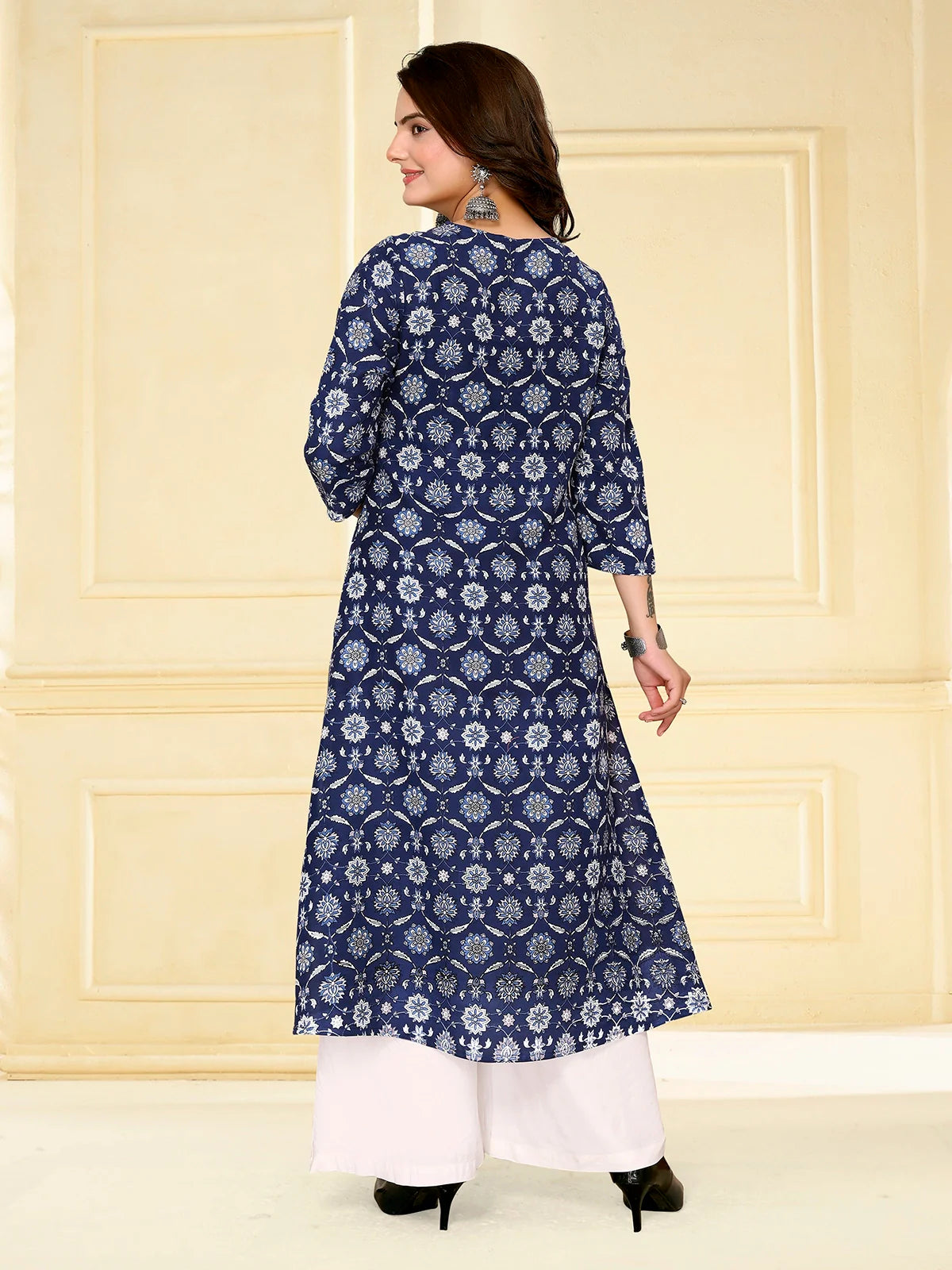 Buy Rayon Embroidered Calf Length A-line Kurta-Blue