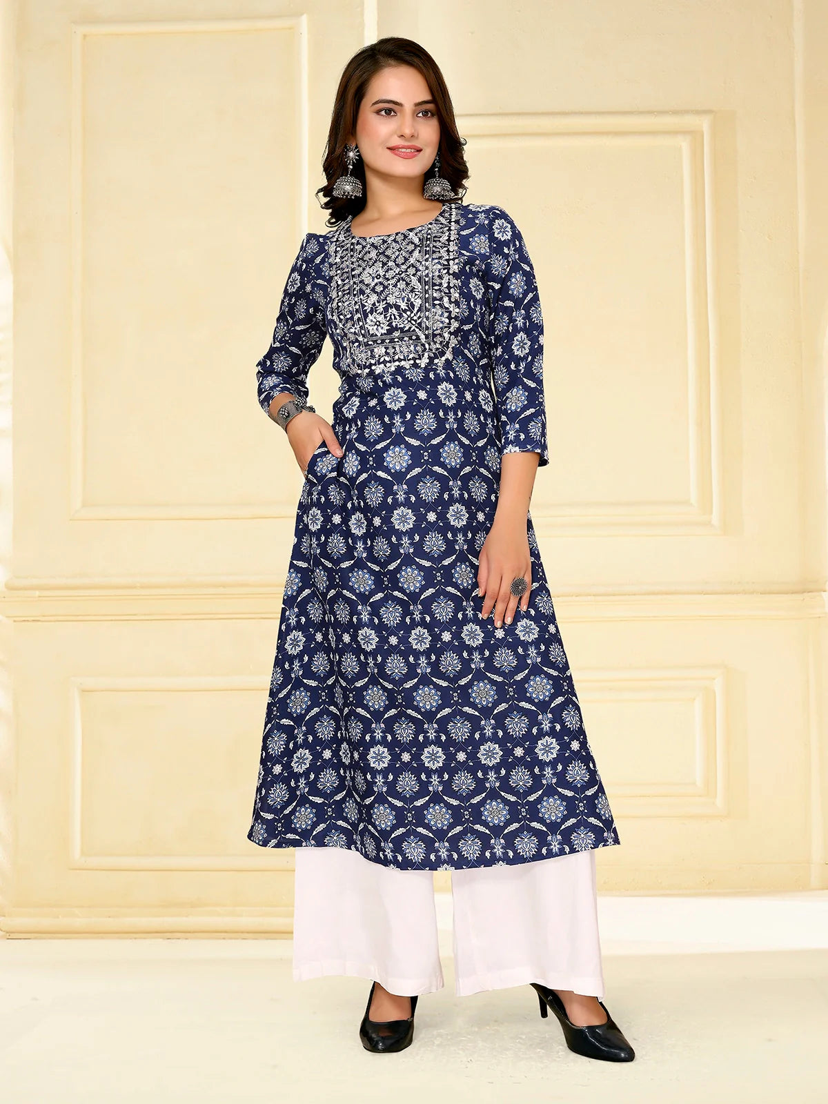 Buy Rayon Embroidered Calf Length A-line Kurta-Blue