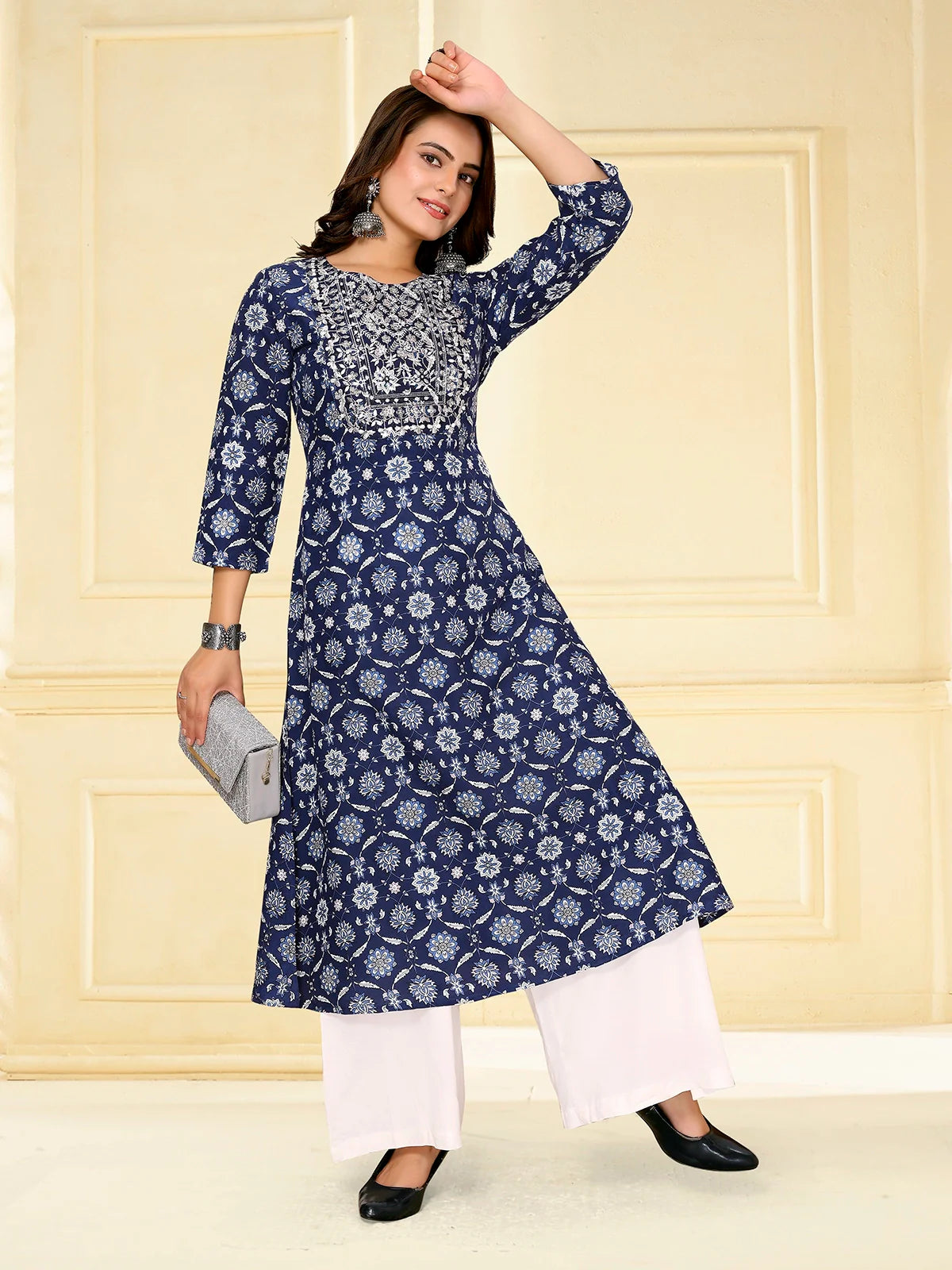 Buy Rayon Embroidered Calf Length A-line Kurta-Blue