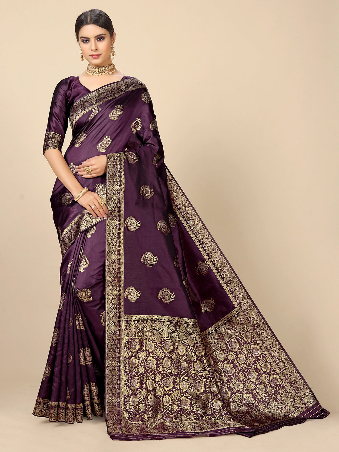 Buy Banarasi Silk Jacquard Saree With Blouse Piece-Mauve