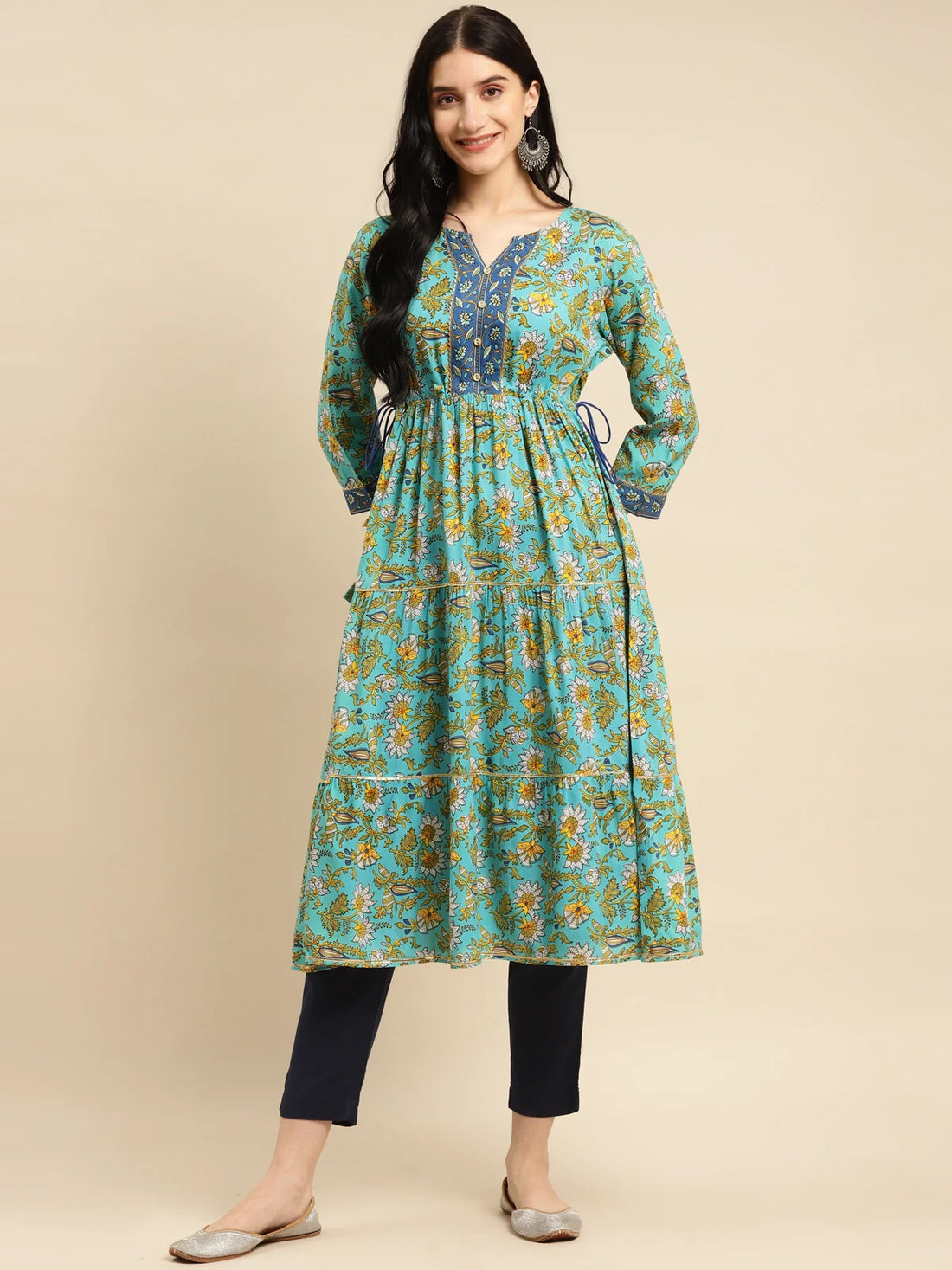 Buy Rayon Floral Printed Calf Length Tiered Kurta With Contrast Placket And Side Tie Ups-Mint Green