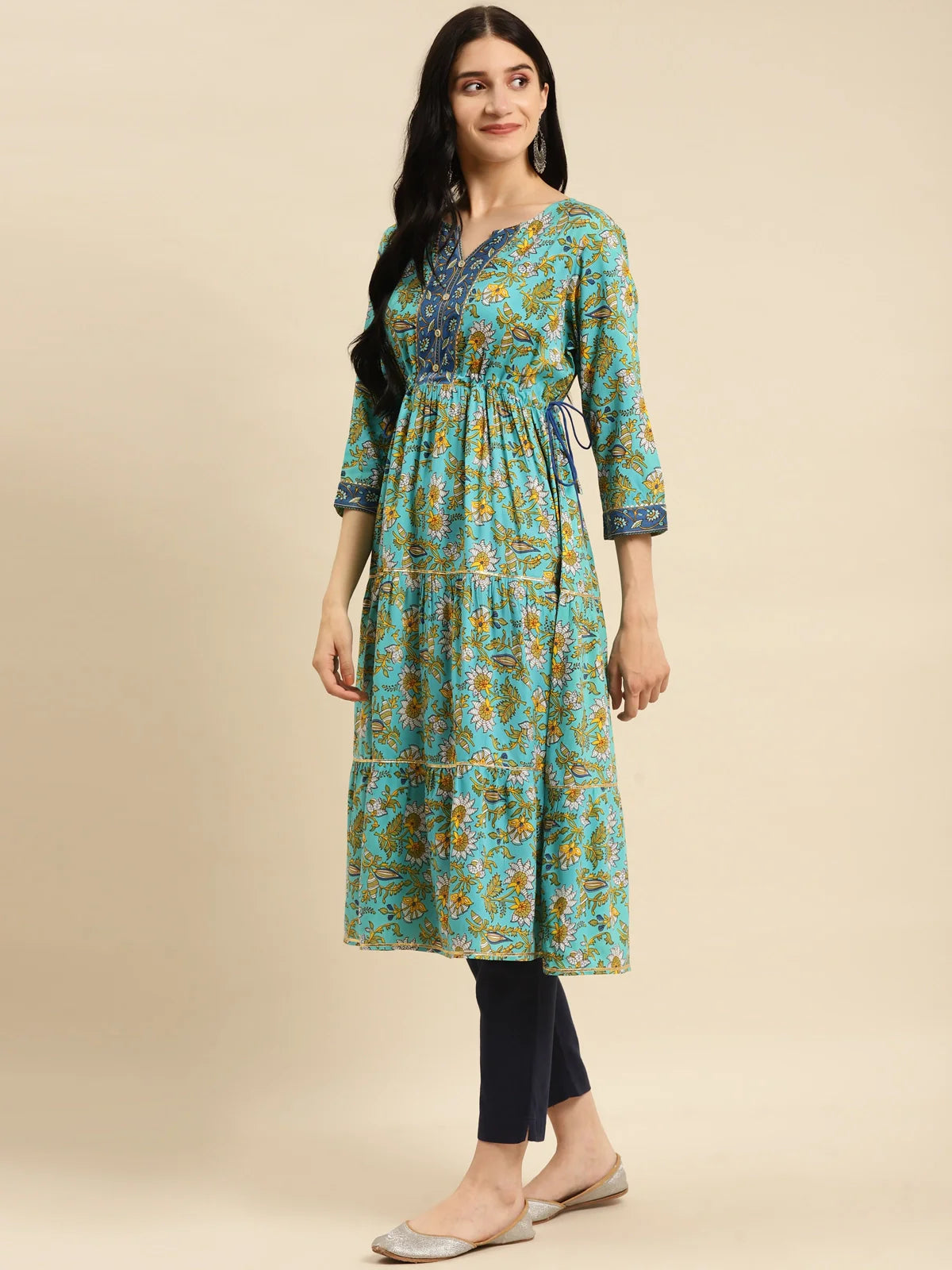 Buy Rayon Floral Printed Calf Length Tiered Kurta With Contrast Placket And Side Tie Ups-Mint Green