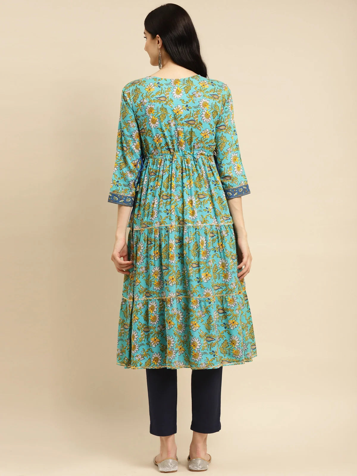 Buy Rayon Floral Printed Calf Length Tiered Kurta With Contrast Placket And Side Tie Ups-Mint Green