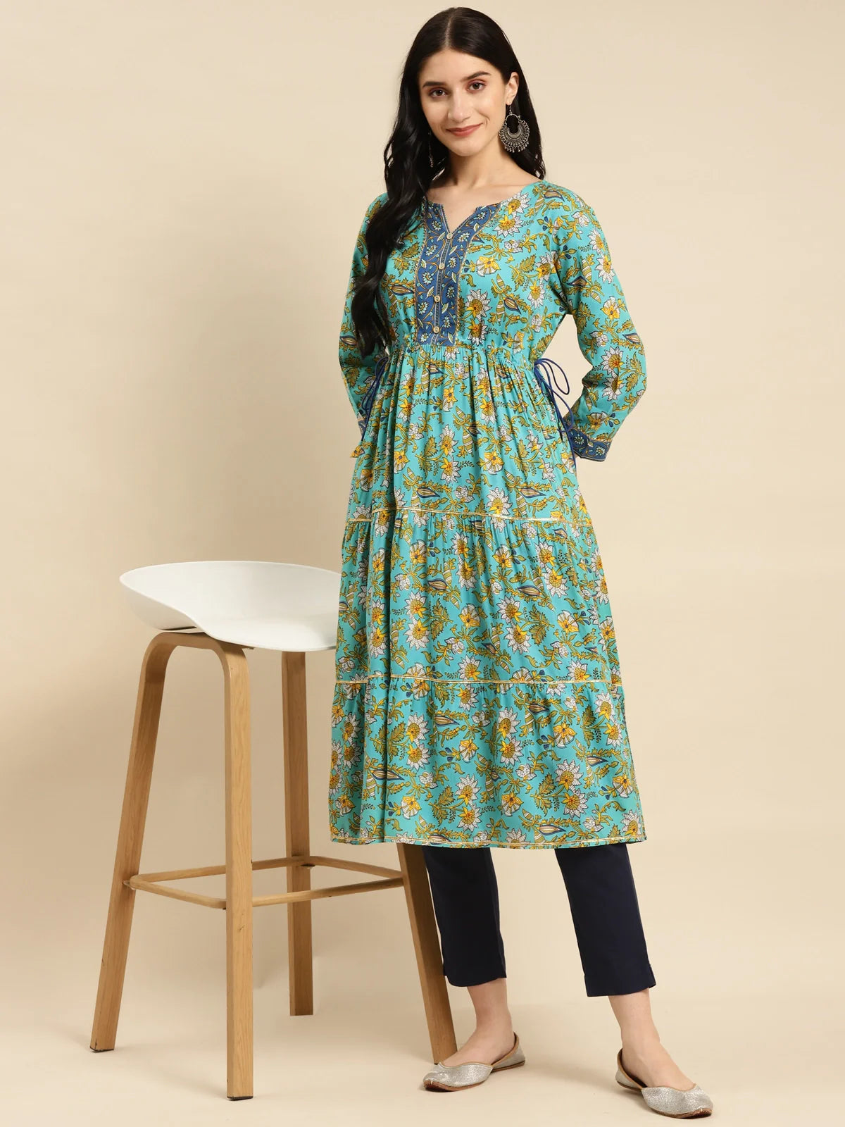 Buy Rayon Floral Printed Calf Length Tiered Kurta With Contrast Placket And Side Tie Ups-Mint Green