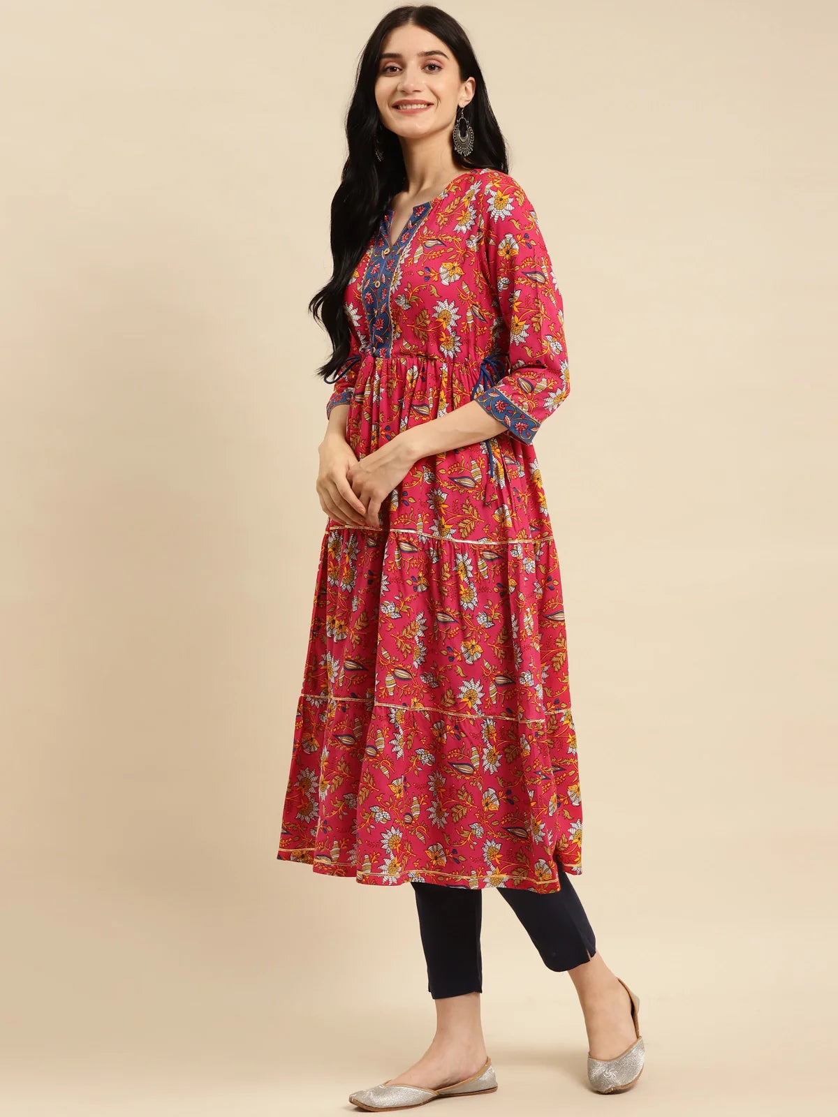 Buy Rayon Floral Printed Calf Length Tiered Kurta With Contrast Placket And Side Tie Ups-Mint Green