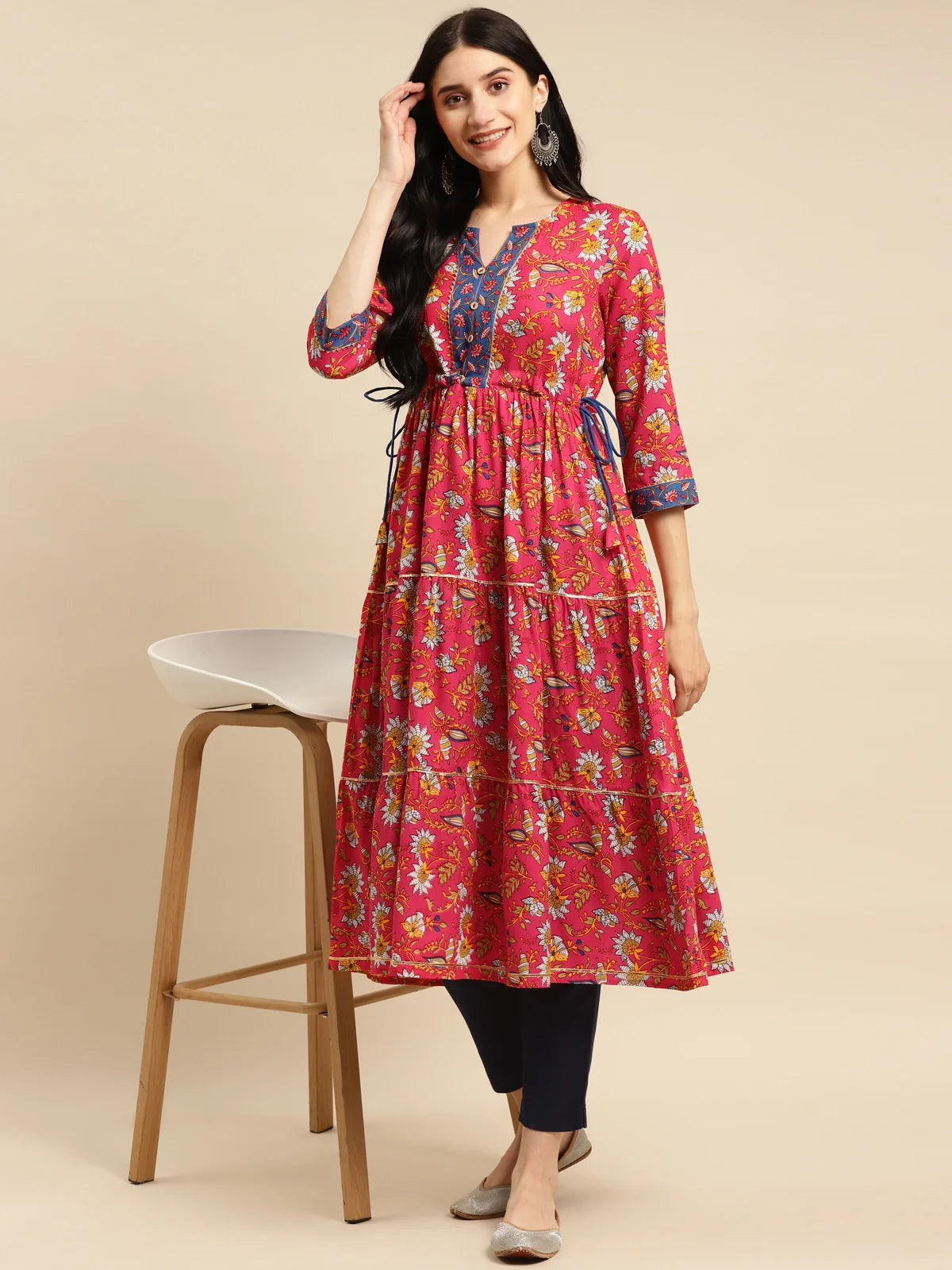 Buy Rayon Floral Printed Calf Length Tiered Kurta With Contrast Placket And Side Tie Ups-Mint Green