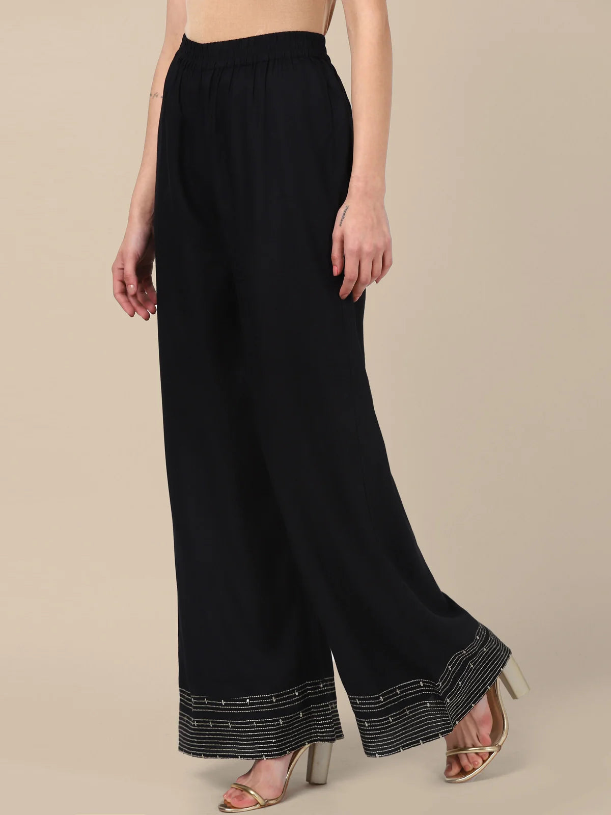 Buy Rayon Embroidered Ankle Length Regular Palazzo-Black