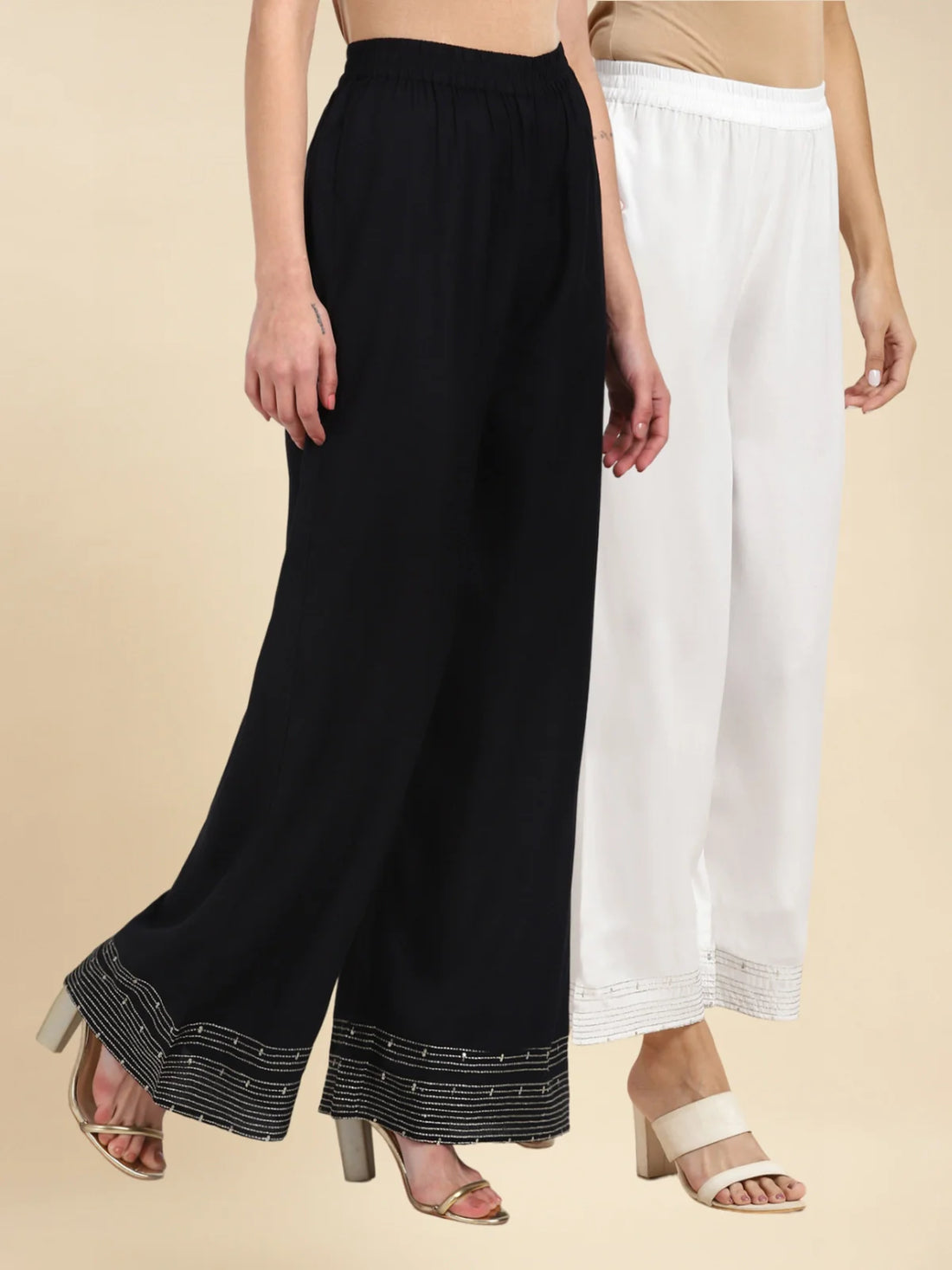 Buy Rayon Embroidered Ankle Length Regular Palazzos (Pack of 2)-Black & Off White