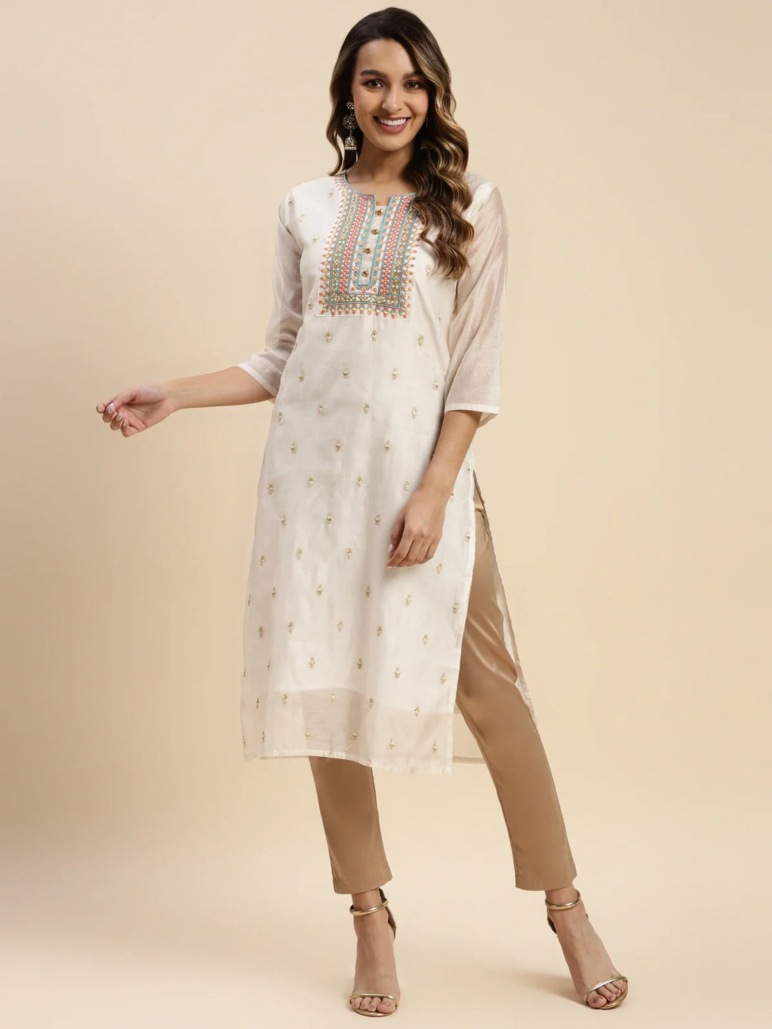 Buy Chanderi Yoke Embroidered Calf Length Straight Kurta-Cream