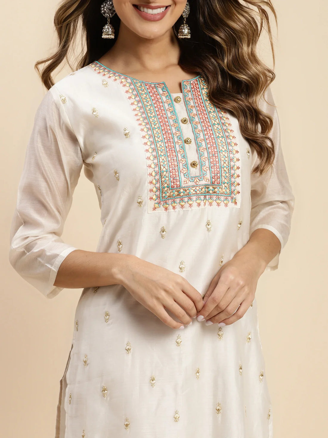 Buy Chanderi Yoke Embroidered Calf Length Straight Kurta-Cream