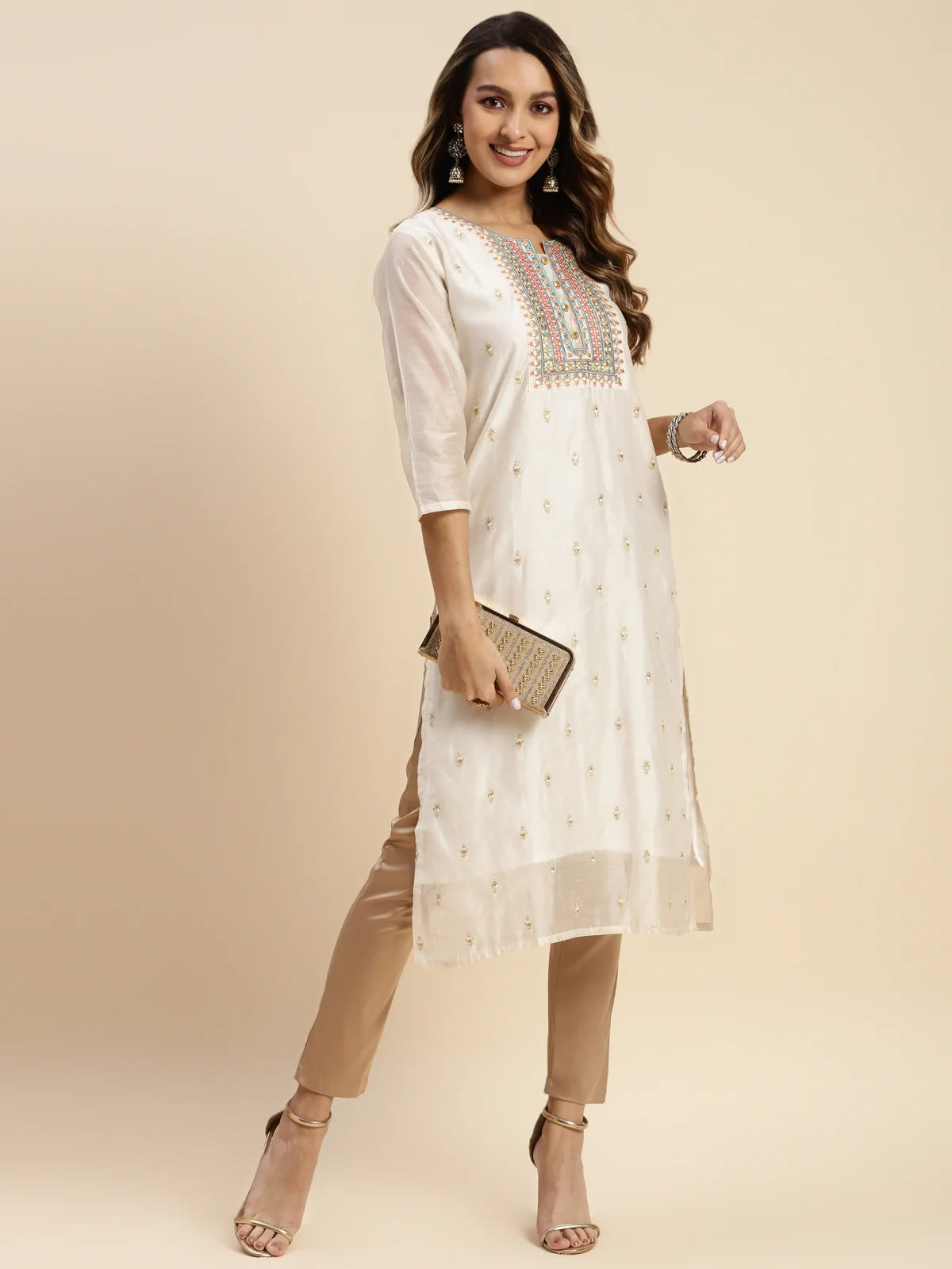 Buy Chanderi Yoke Embroidered Calf Length Straight Kurta-Cream