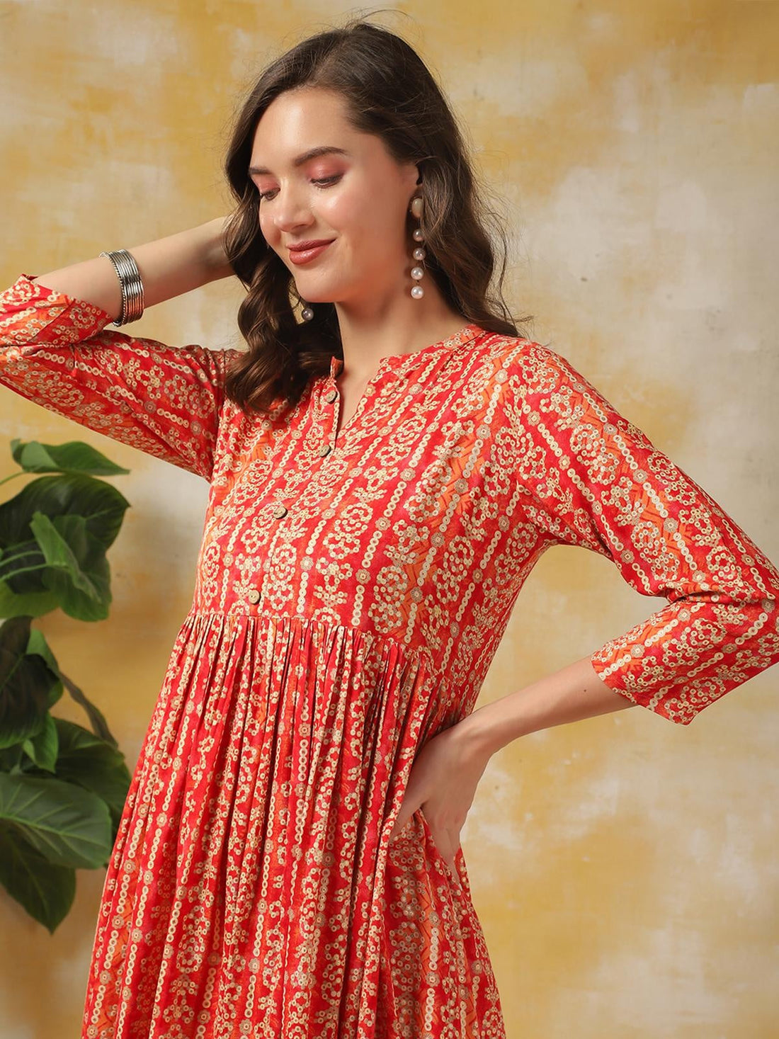 Buy Rayon Printed Asymmetric Calf Length Ethnic Dress-Coral