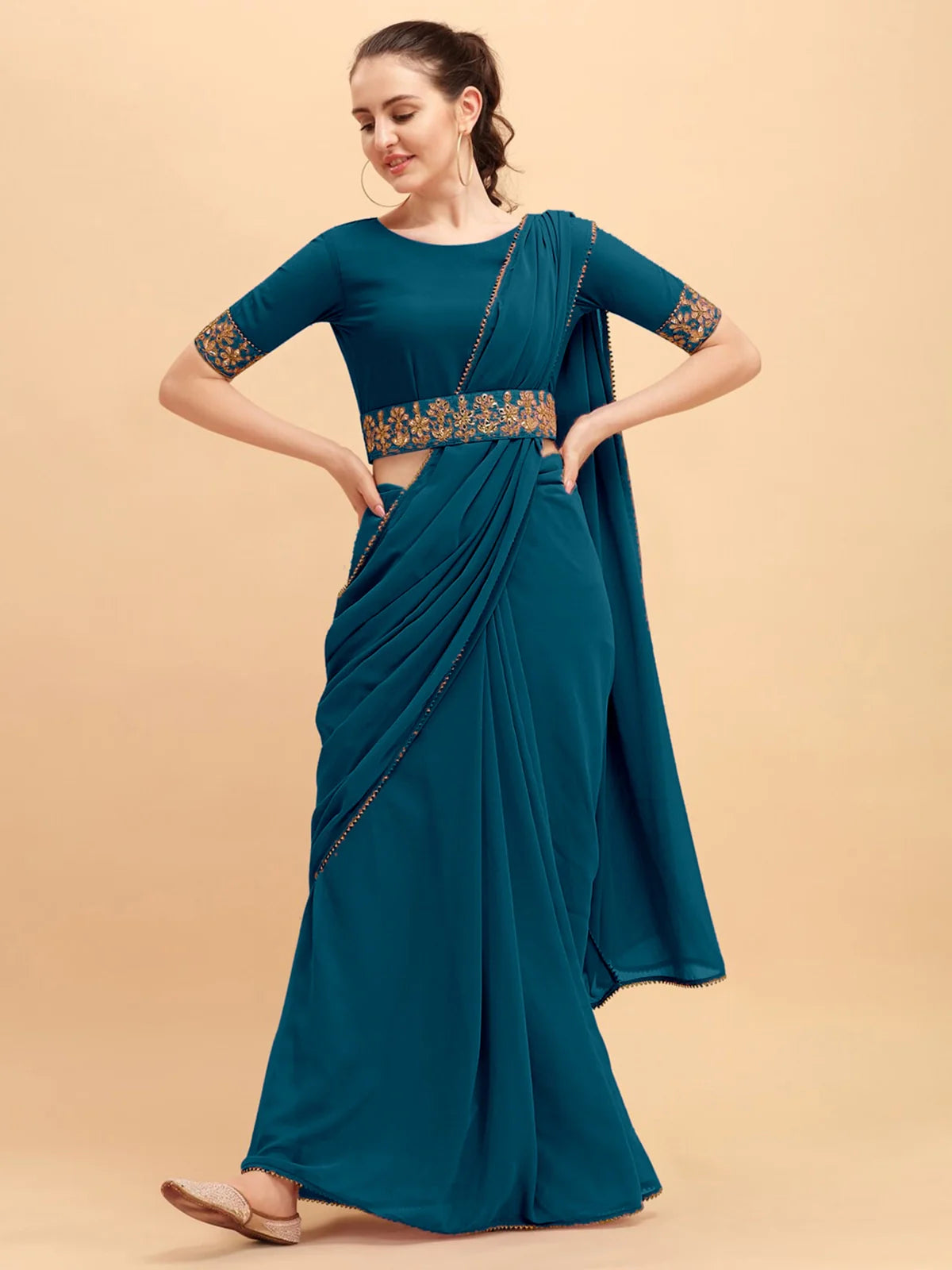 Buy Solid Georgette Saree With Belt Border & Blouse Piece-Teal