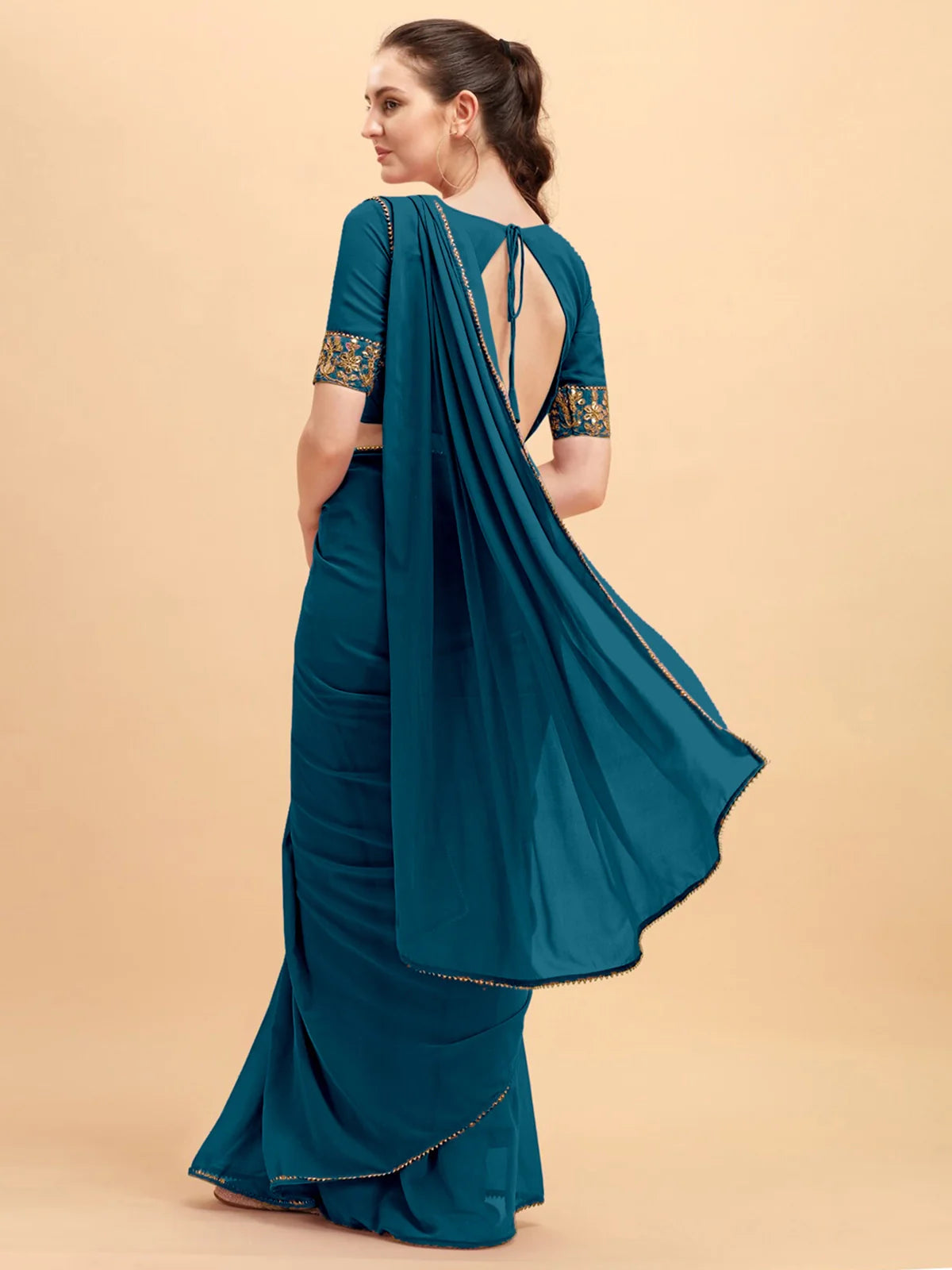 Buy Solid Georgette Saree With Belt Border & Blouse Piece-Teal