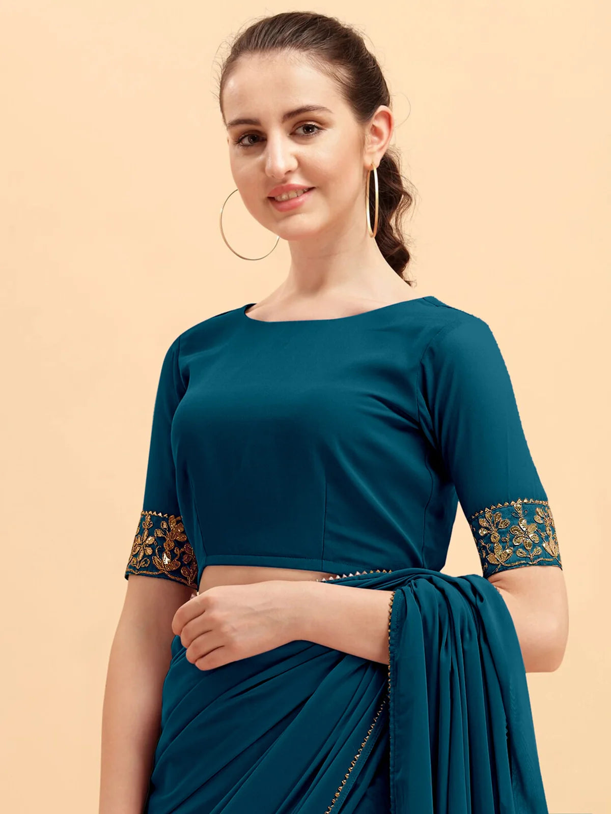 Buy Solid Georgette Saree With Belt Border & Blouse Piece-Teal