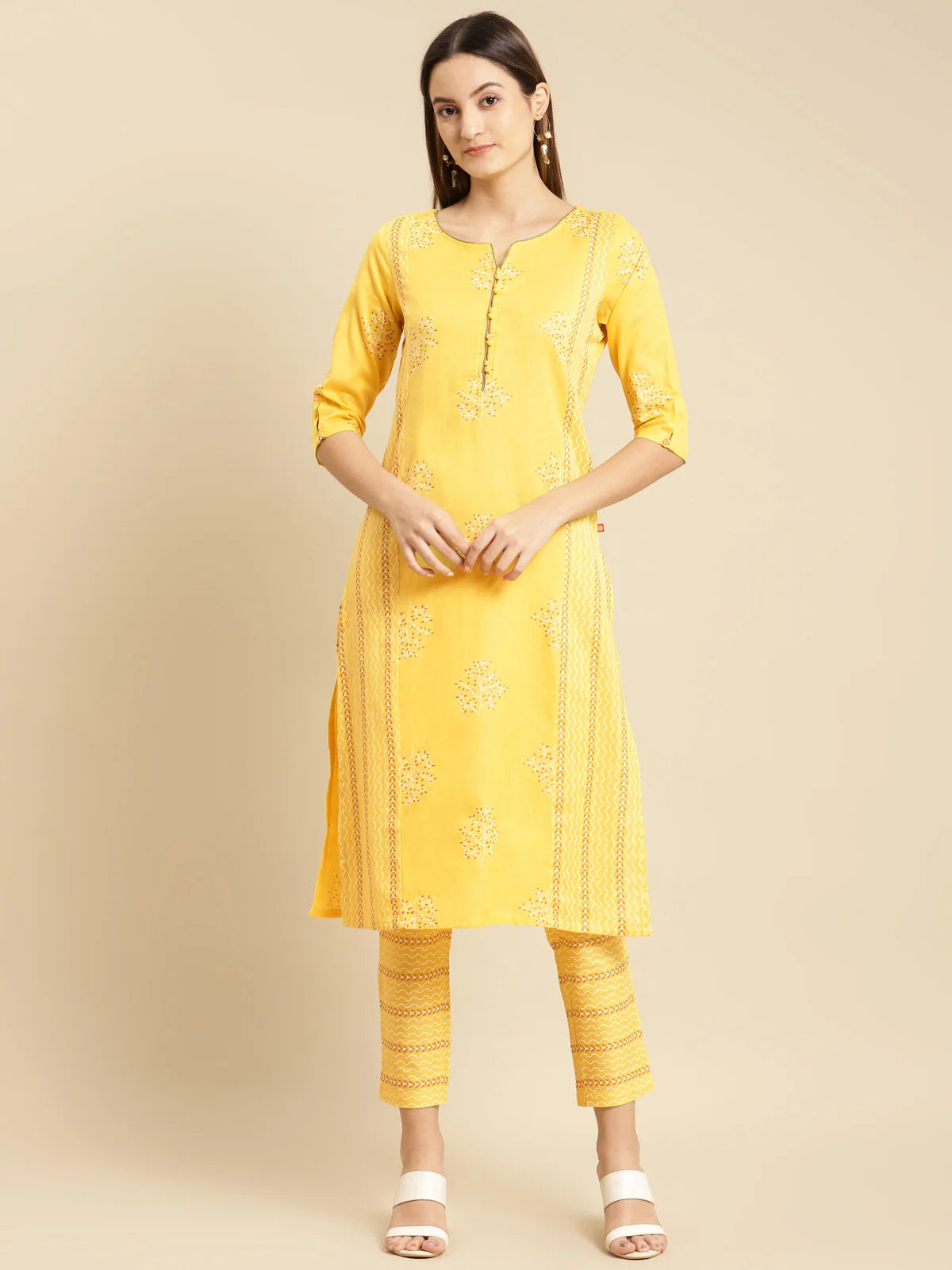 Buy Buta Printed Calf Length Straight Kurta With Pant-Yellow