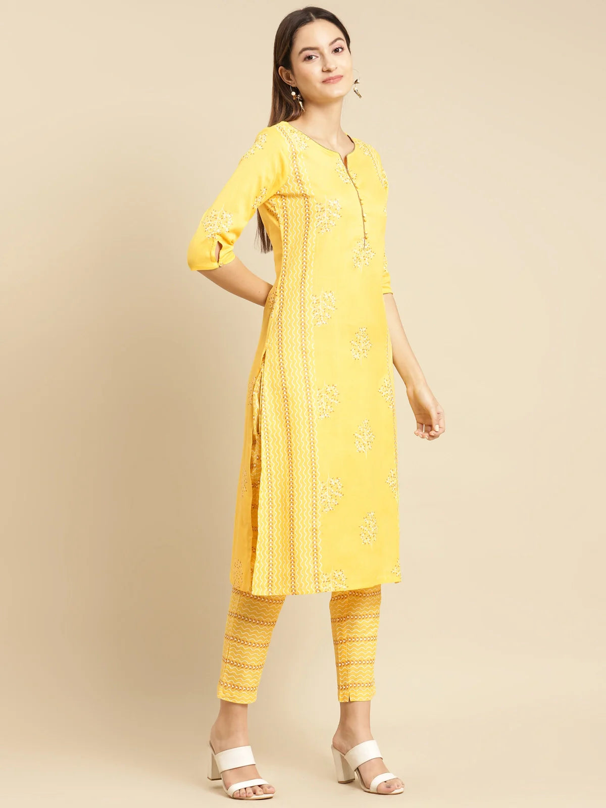 Buy Buta Printed Calf Length Straight Kurta With Pant-Yellow