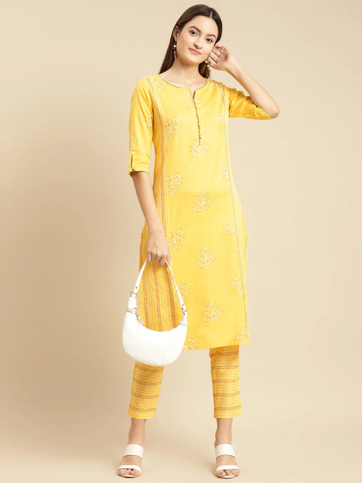 Buy Buta Printed Calf Length Straight Kurta With Pant-Yellow